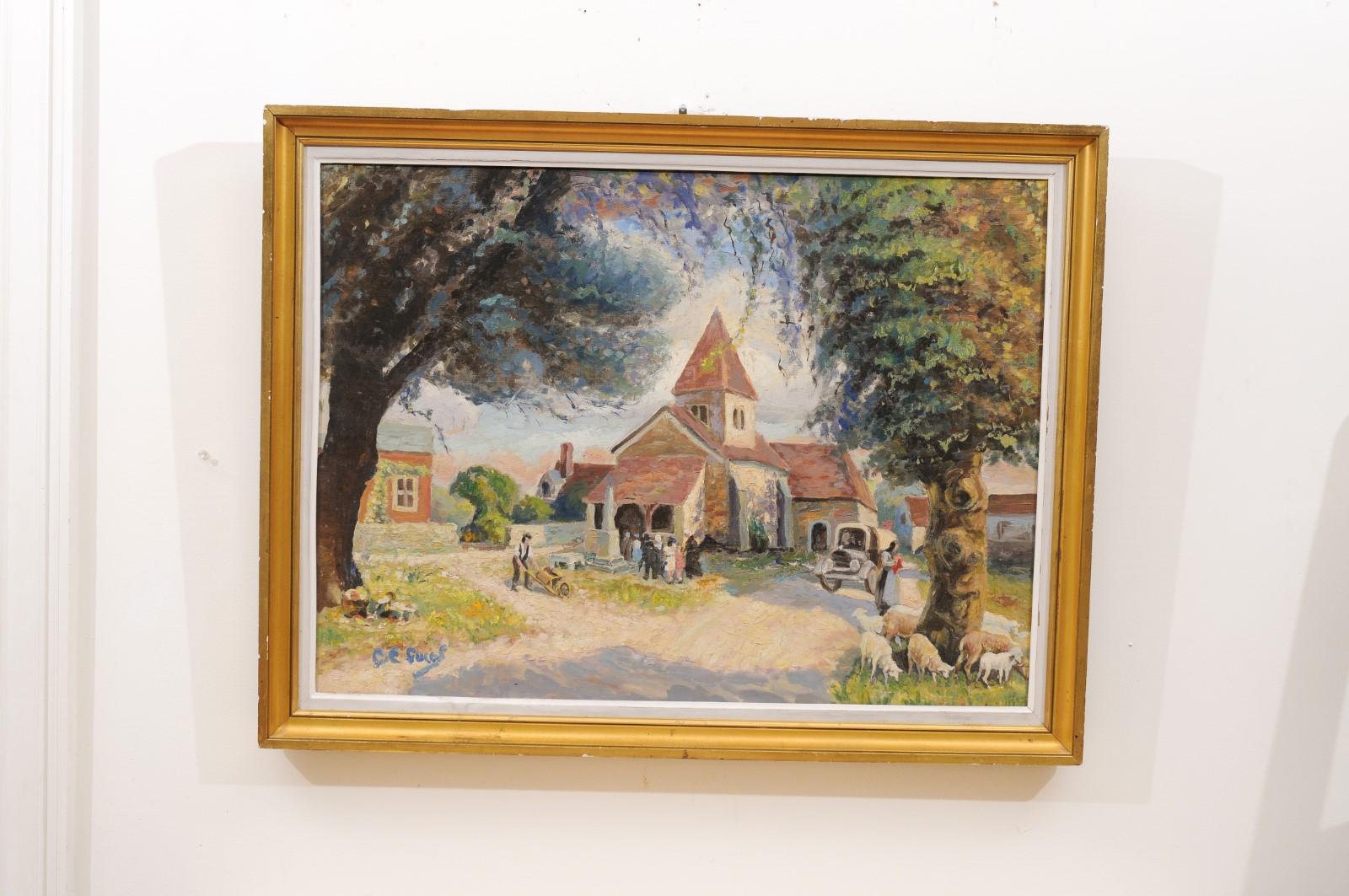 Carved French Impressionist Style 1950s Oil on Canvas Painting Depicting a Small Church For Sale