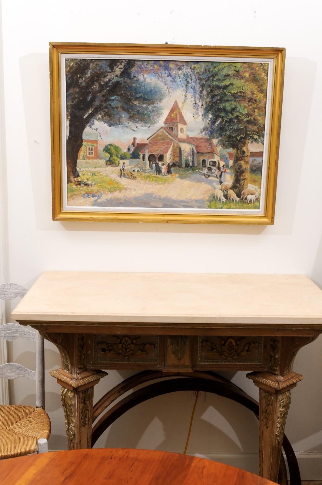 French Impressionist Style 1950s Oil on Canvas Painting Depicting a Small Church In Good Condition For Sale In Atlanta, GA
