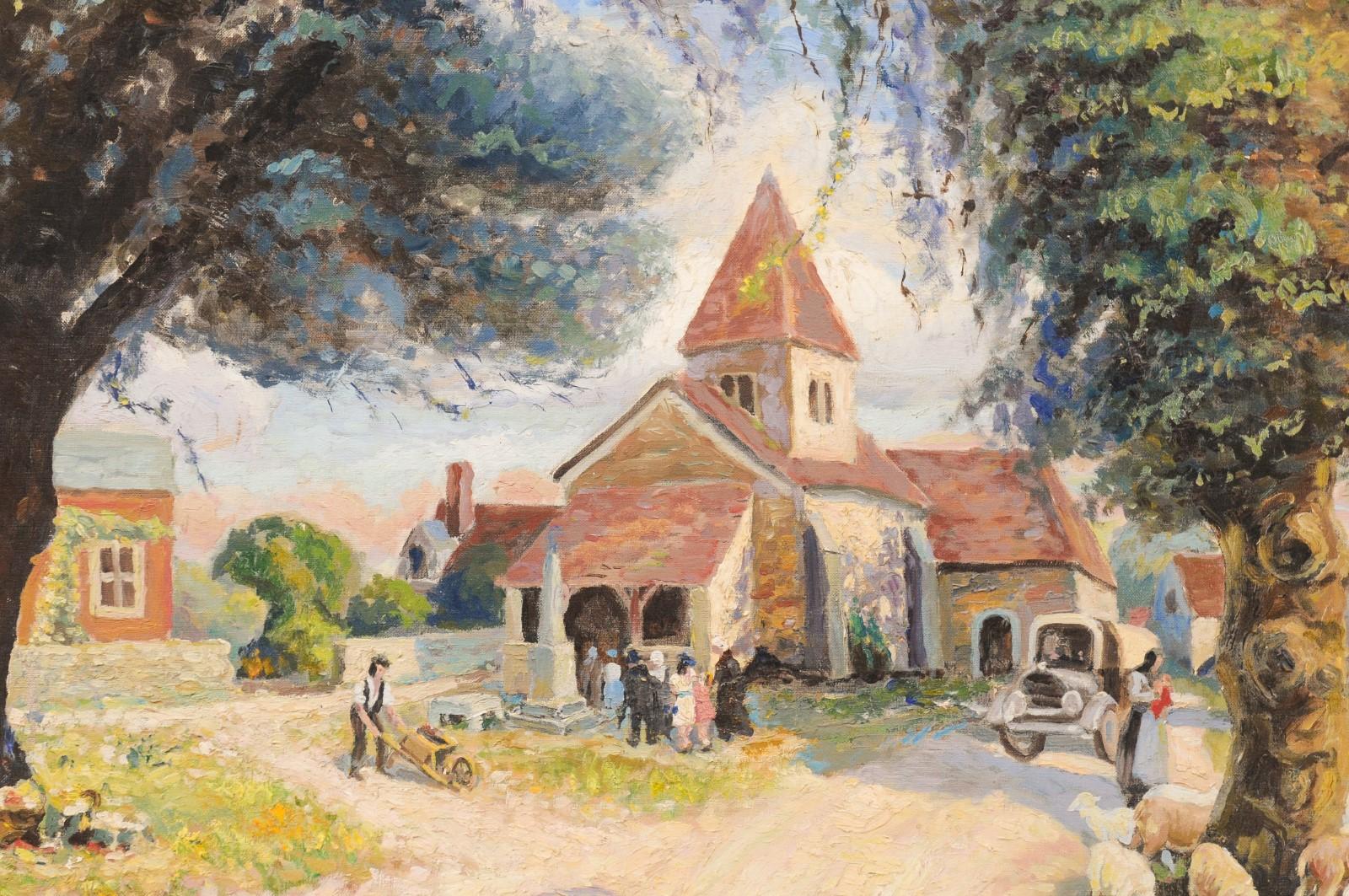 Sculpté Peinture à l'huile sur toile de style impressionniste français des années 1950 représentant une petite église en vente