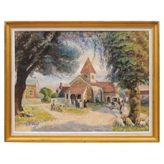 French Impressionist Style 1950s Oil on Canvas Painting Depicting a Small Church