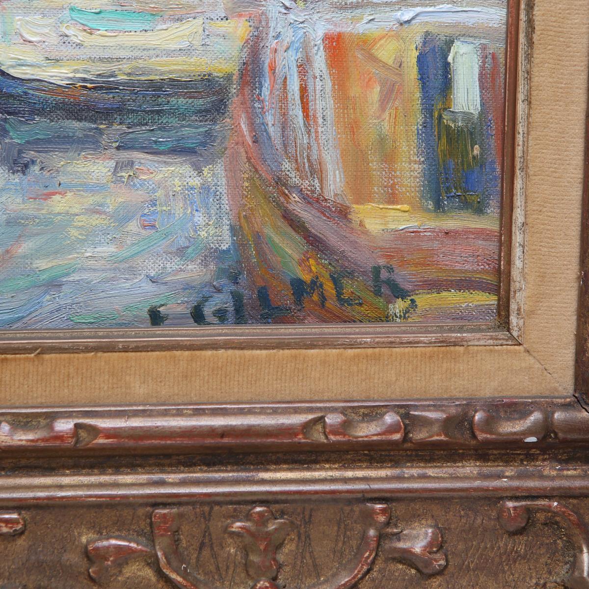 French Impressionist manner framed marine landscape oil on canvas with tugboat in harbor, titled 'St. Raphael au printemps' on the back and signed 'Gilmer' on the front lower right corner. The piece is in great vintage condition.