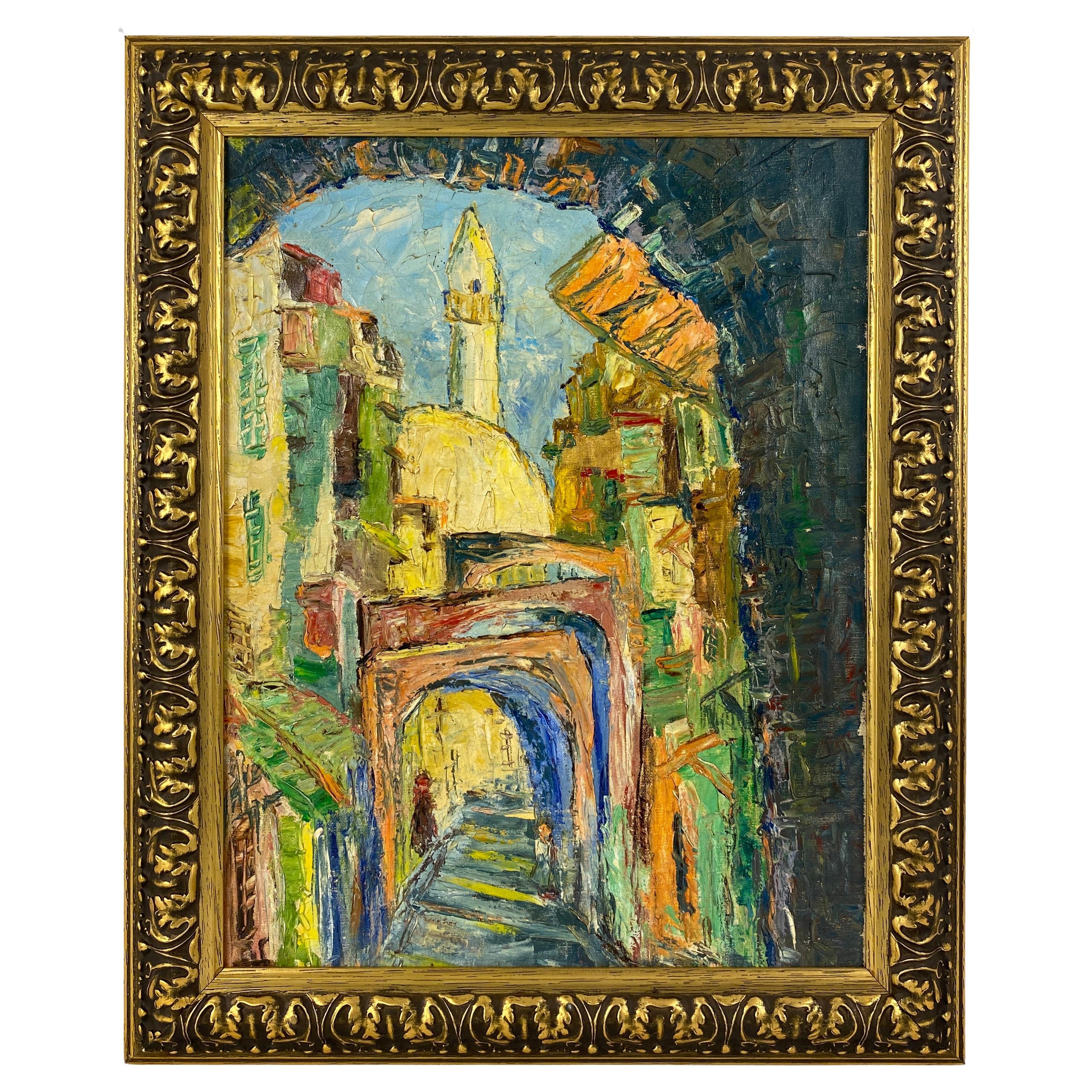 Französisches Gemälde eines französischen Dorfes im Stil des Impressionismus, Öl auf Leinwand, Gemälde im Angebot