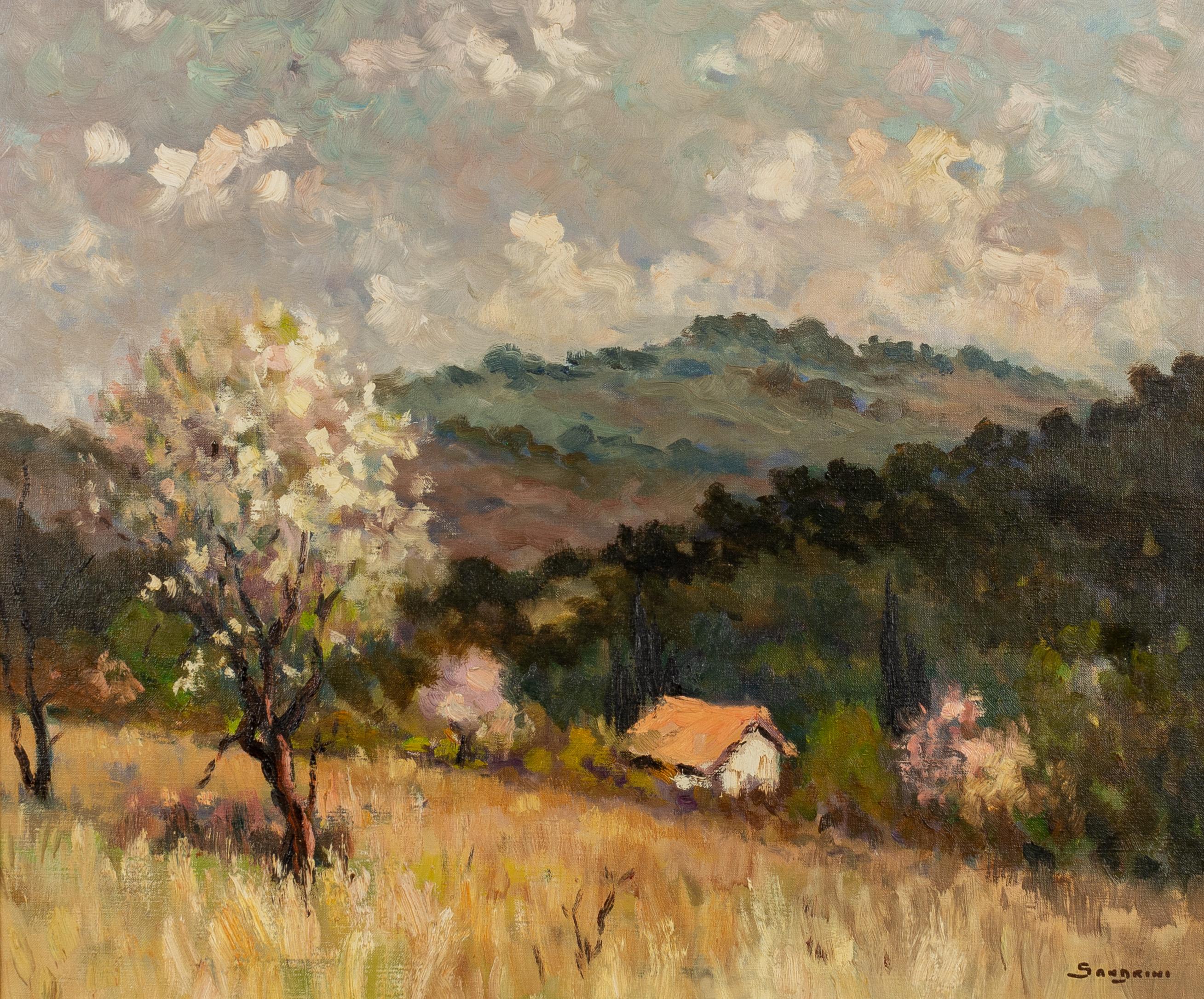A French Impressionist style landscape by Eugene Sandrini (French, 1925-1998) entitled Amandiers and depicting an almond grove in the region of Saint Baume in Southern France. Signed lower right and titled verso.
Frame: 26.75