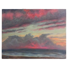 French Impressionist Sunset Seascape Vintage Original Landscape Painting, 1930s