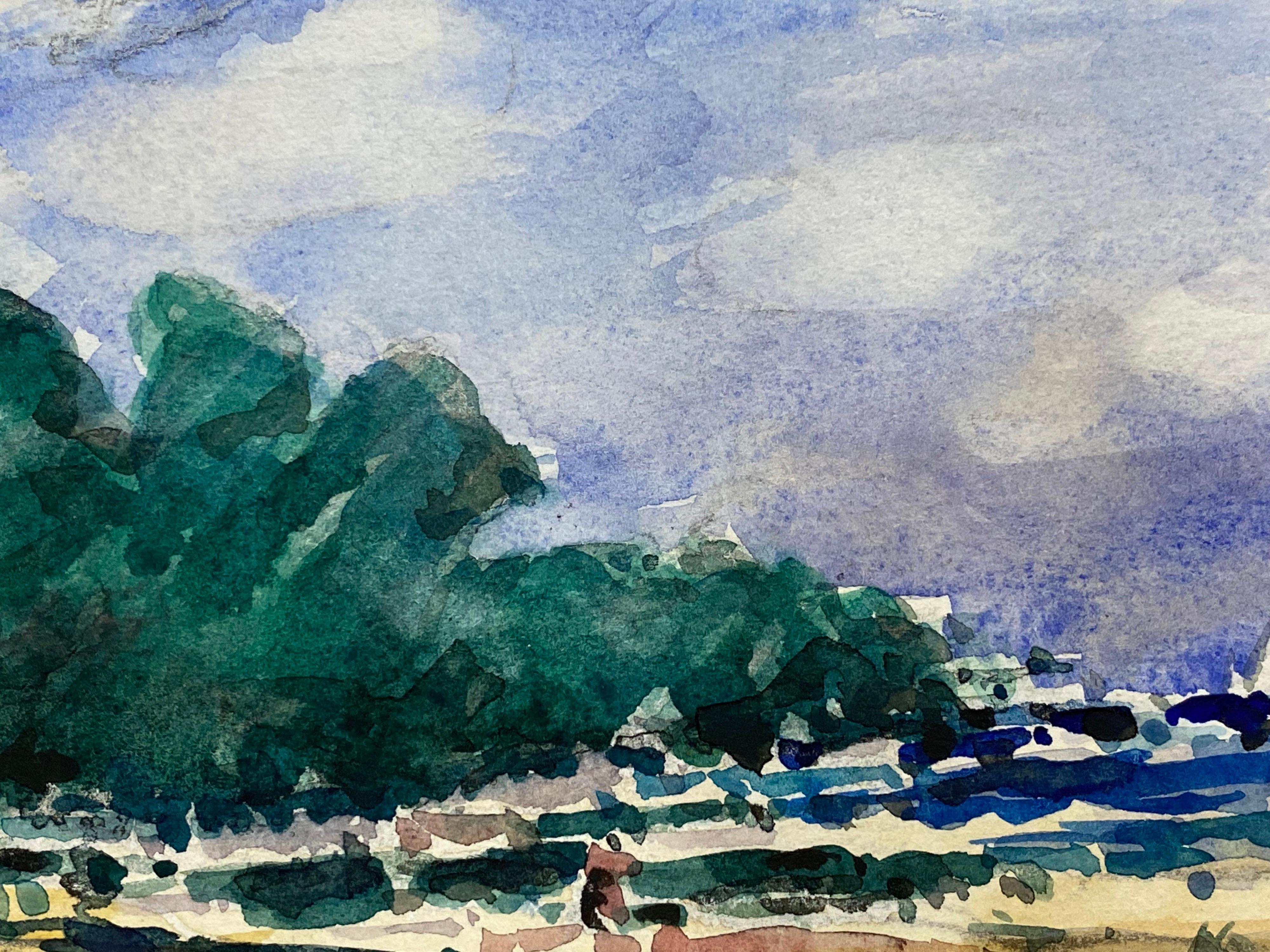 20th Century French Impressionist Watercolour, Bright Blue Summers Day Over Beach For Sale