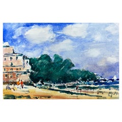 Aquarell im französischen Impressionismus, leuchtend blau, Sommertag am Strand