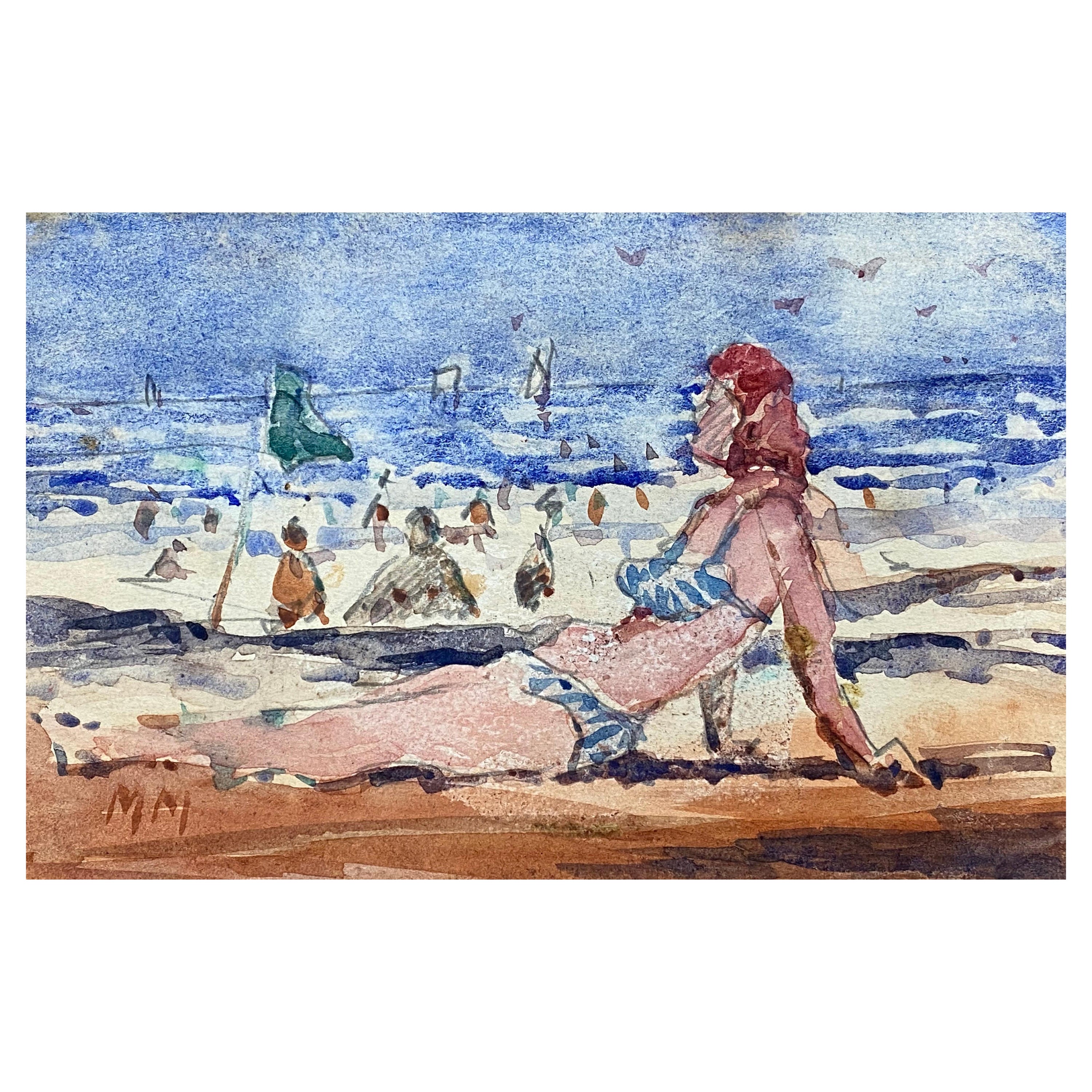 Acquerello impressionista francese, Signora in bikini che prende il sole