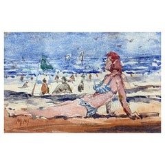 Acquerello impressionista francese, Signora in bikini che prende il sole