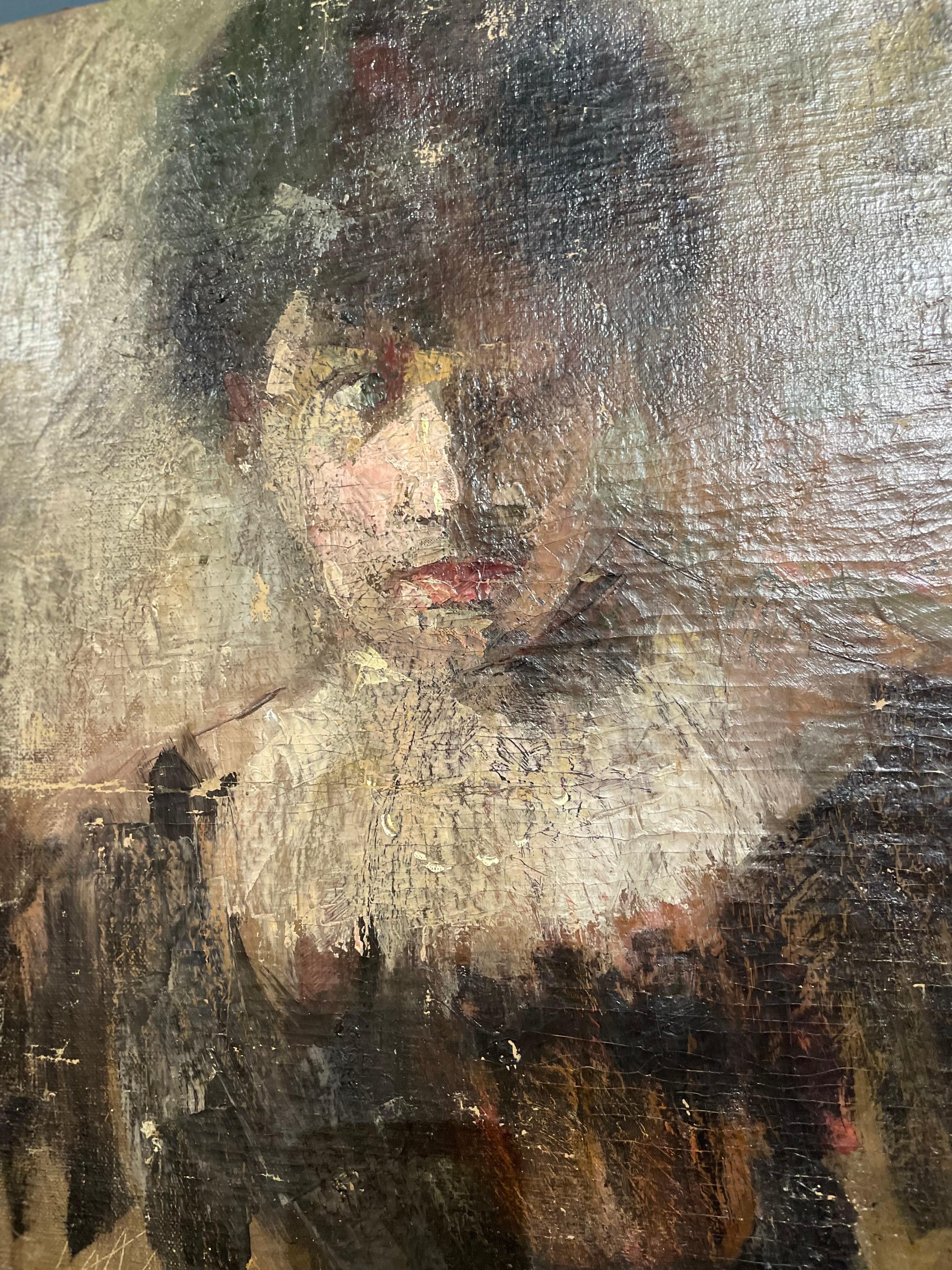 Porträt einer Frau, gemalt in Öl auf Leinwand aus der Zeit des Impressionismus. Diese malerische Bewegung entstand 1860 in Opposition zur akademischen Kunst und zielte darauf ab, die flüchtige Natur des Lichts und seine Auswirkungen auf Farben und