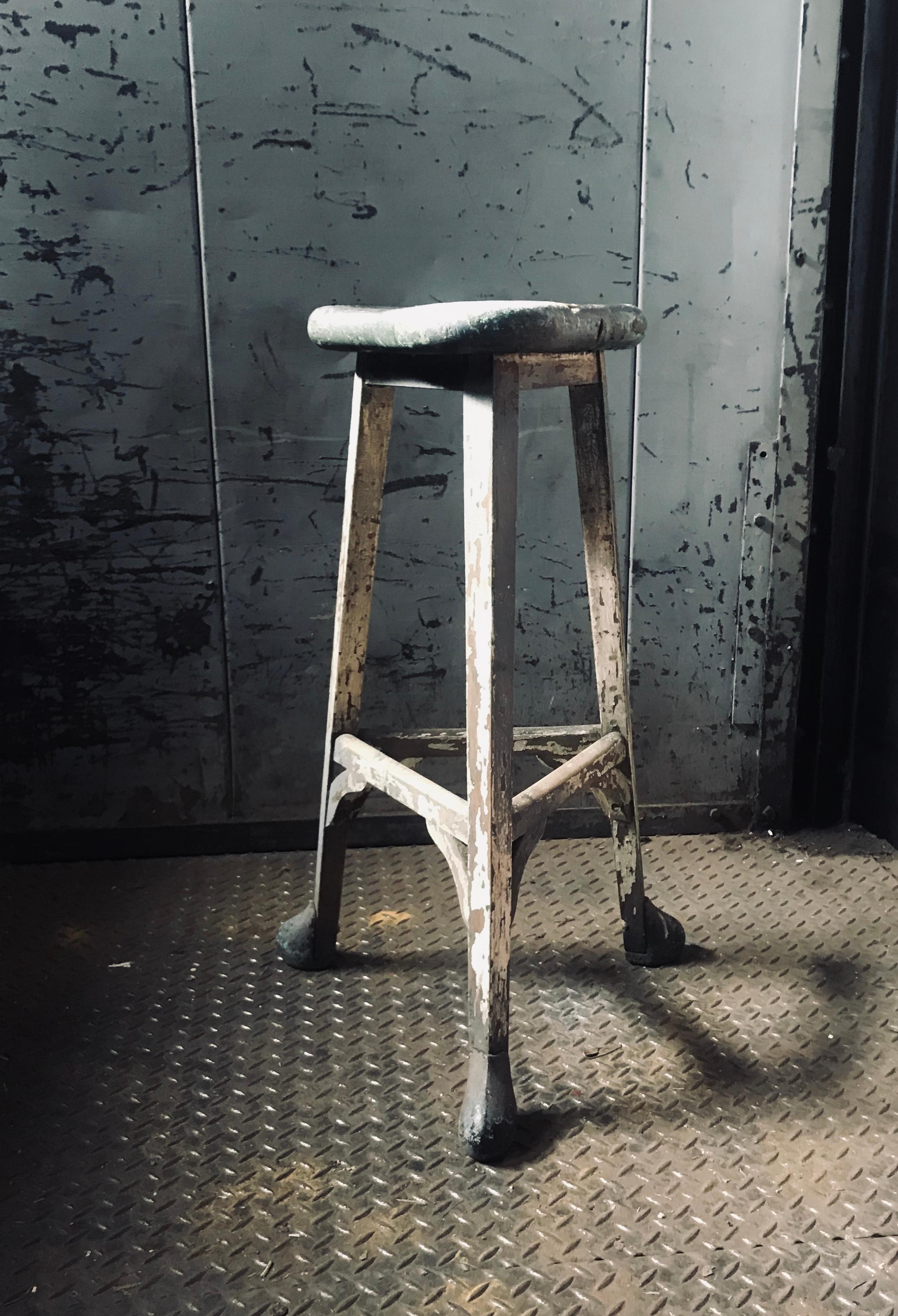 Painted French Industrial Artist Stool, circa 1900s, Amazing Patina, Metal Hoofed Feet