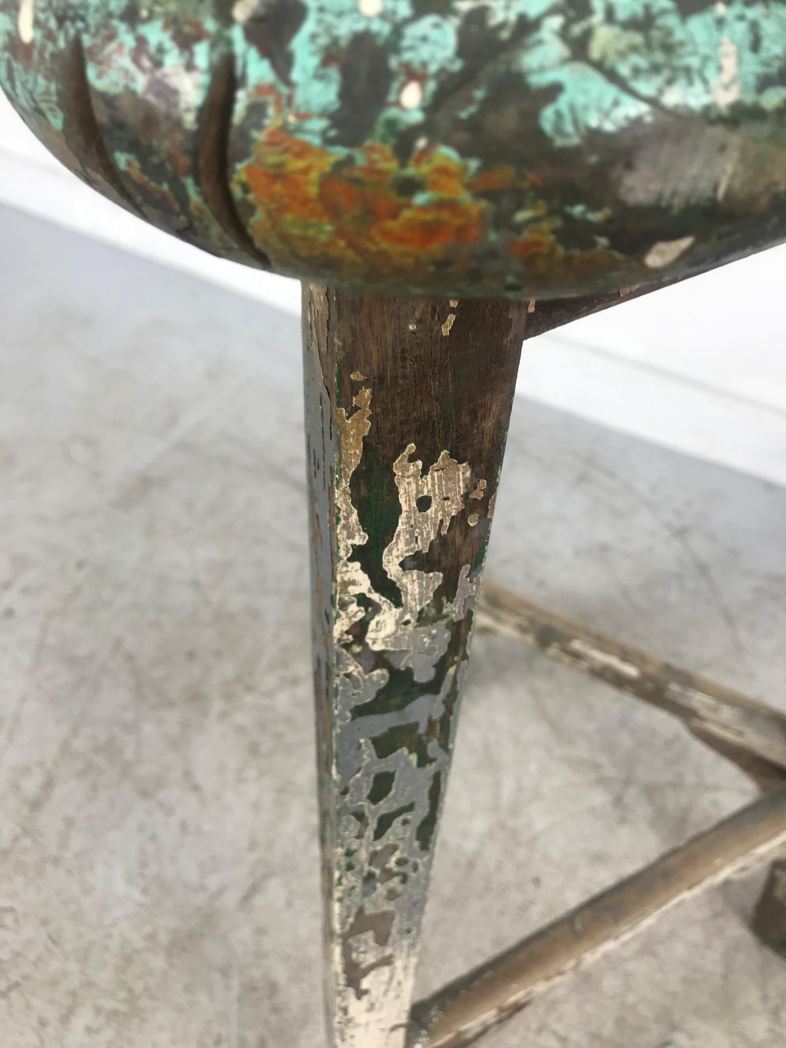 French Industrial Artist Stool, circa 1900s, Amazing Patina, Metal Hoofed Feet In Distressed Condition In Buffalo, NY