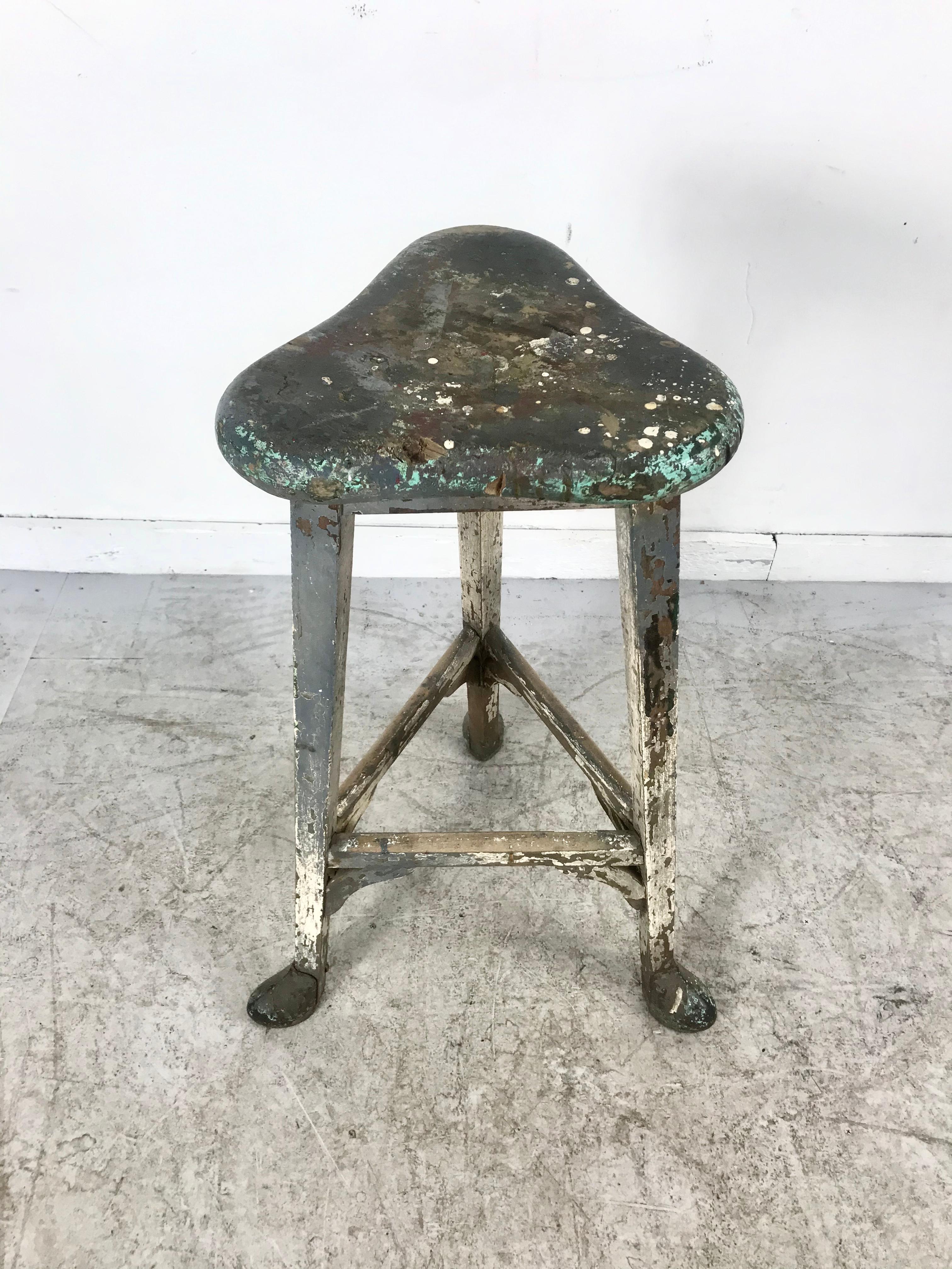 Early 20th Century French Industrial Artist Stool, circa 1900s, Amazing Patina, Metal Hoofed Feet