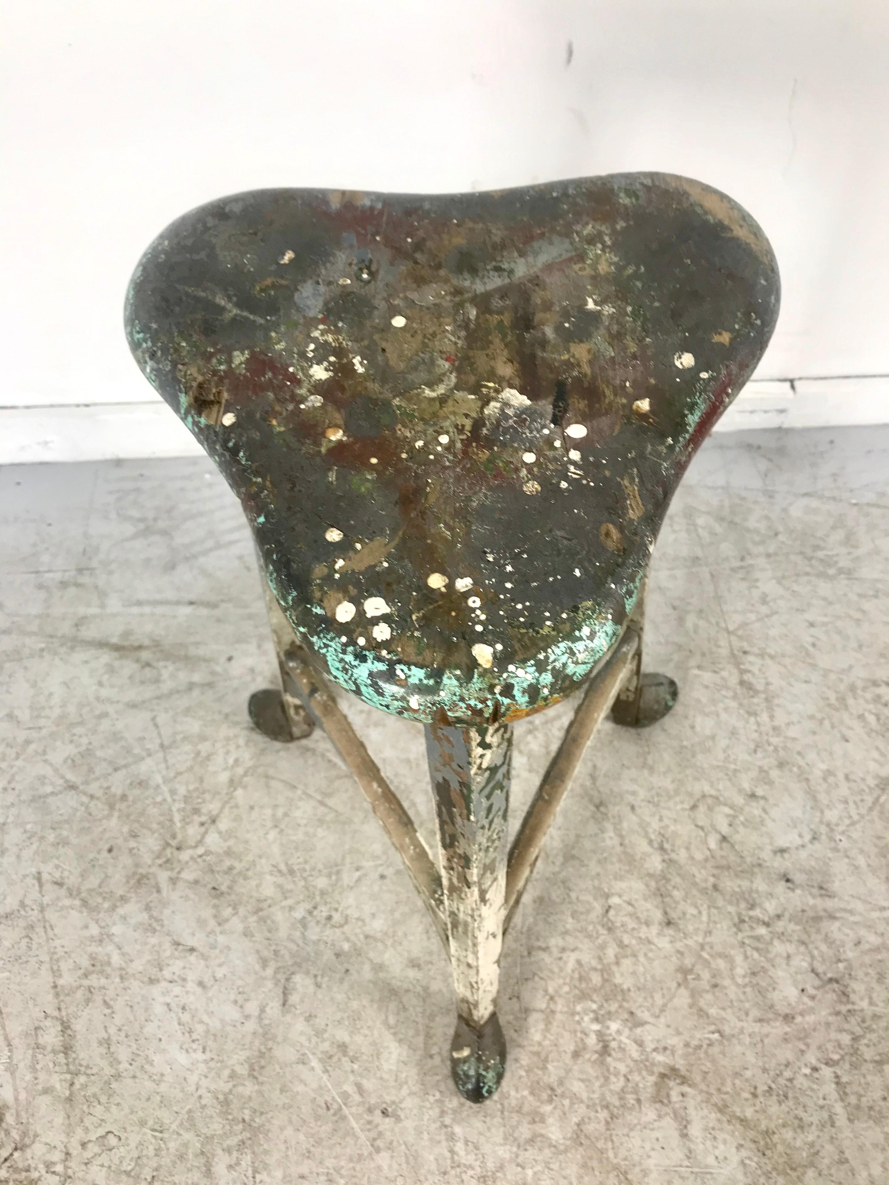 French Industrial Artist Stool, circa 1900s, Amazing Patina, Metal Hoofed Feet 3