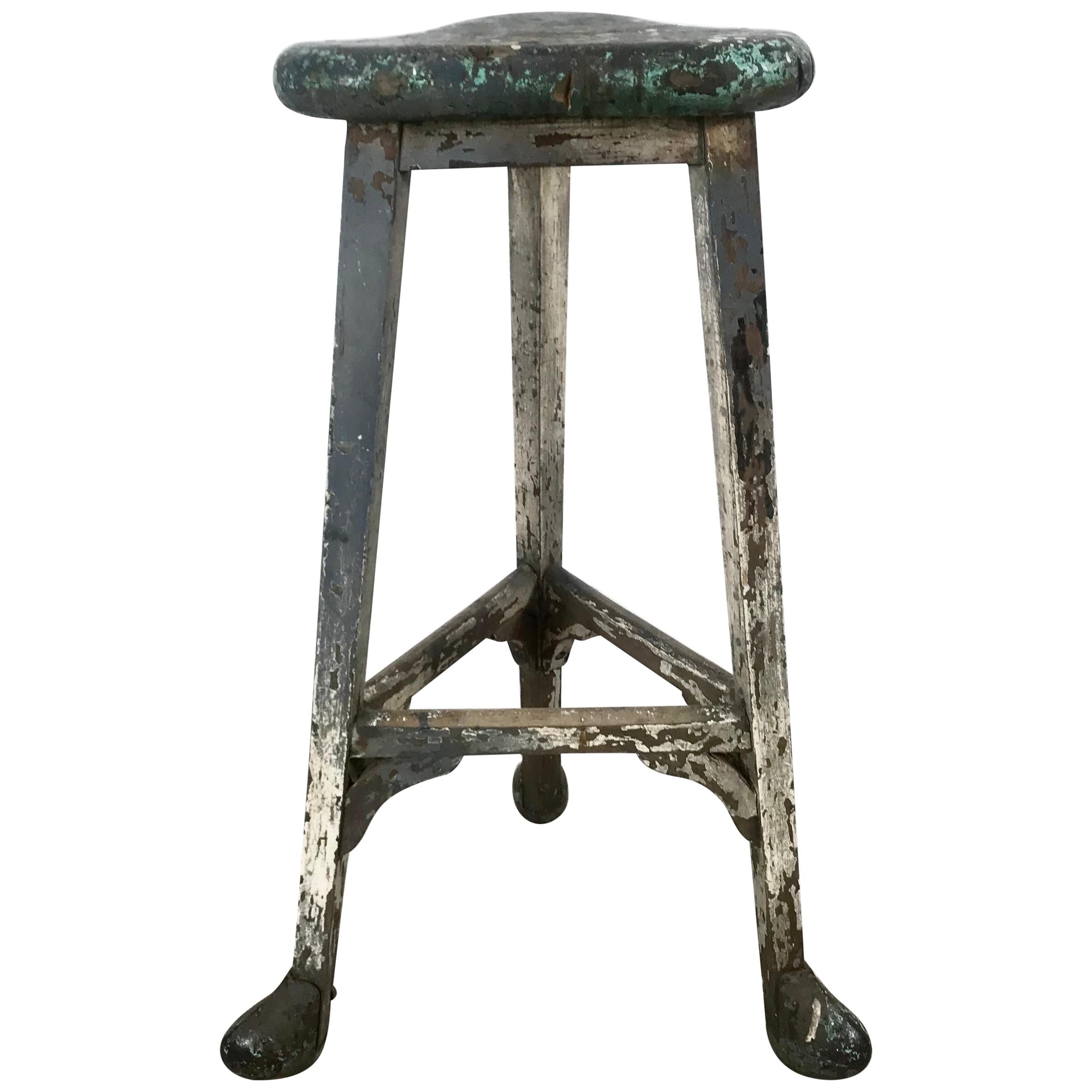 French Industrial Artist Stool, circa 1900s, Amazing Patina, Metal Hoofed Feet