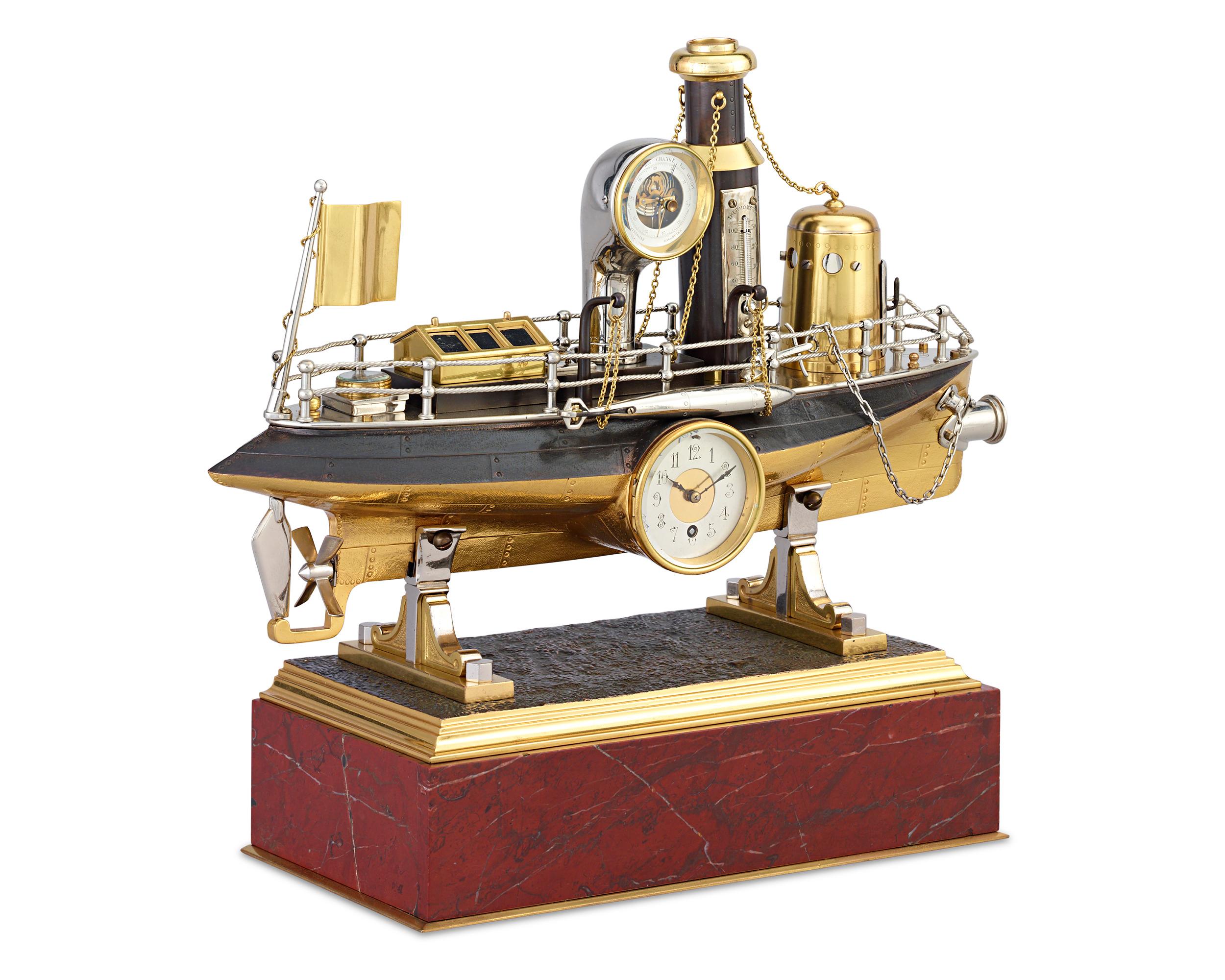 Taking the form of a battleship, this French automaton clock is a spellbinding example of the complex artistry of industrial timepieces. This genre of clockmaking rose in popularity during the Industrial Revolution, and such clocks were sought after