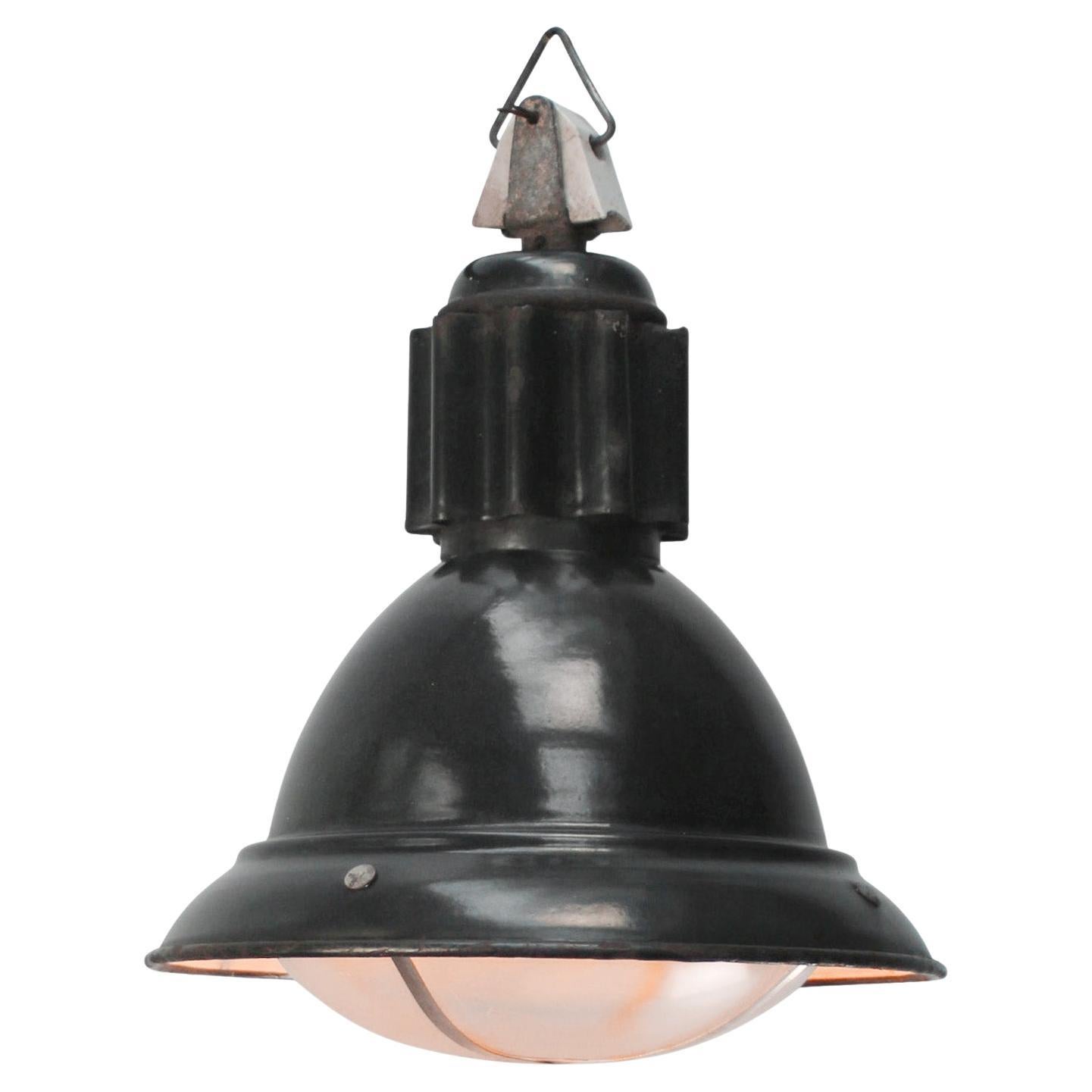 French Industrial Black Enamel Clear Glass Pendant Lamp