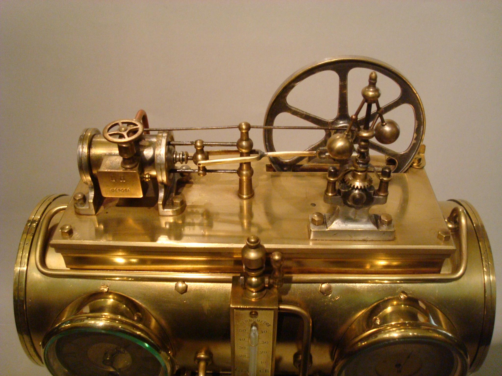 French Industrial Brass Clock, Barometer Station Animated Steam Boiler 5