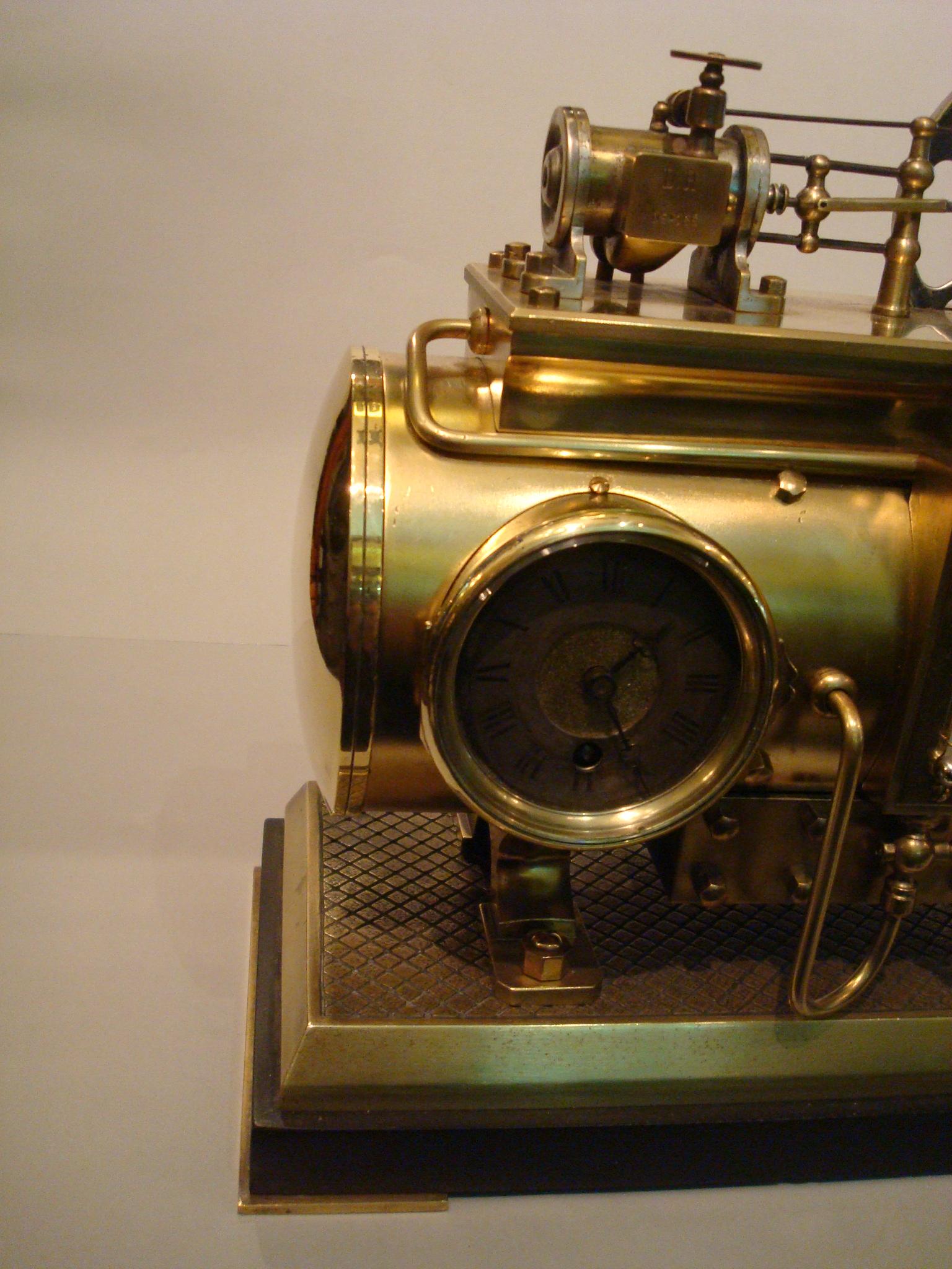 19th Century French Industrial Brass Clock, Barometer Station Animated Steam Boiler