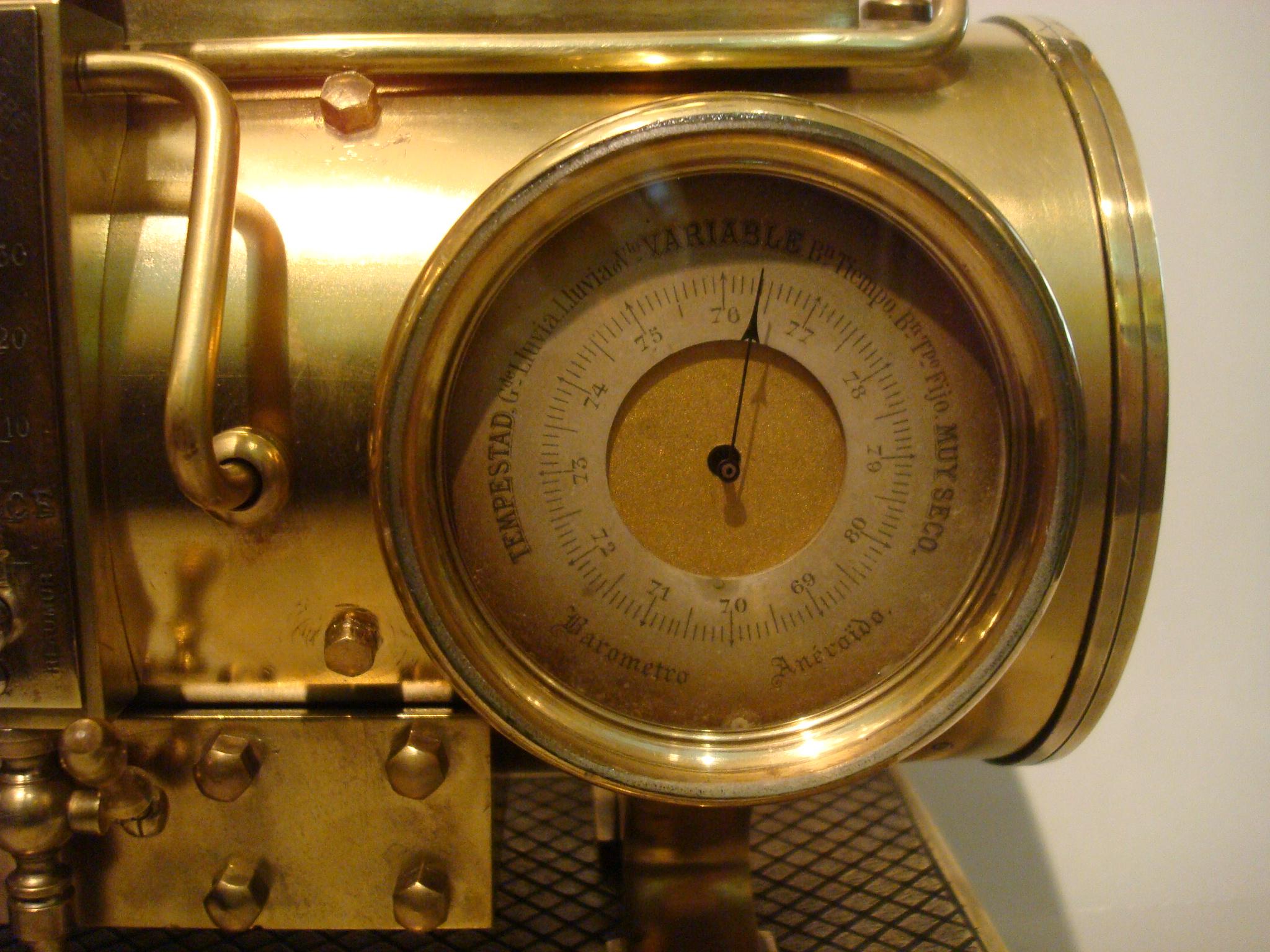 Bronze French Industrial Brass Clock, Barometer Station Animated Steam Boiler