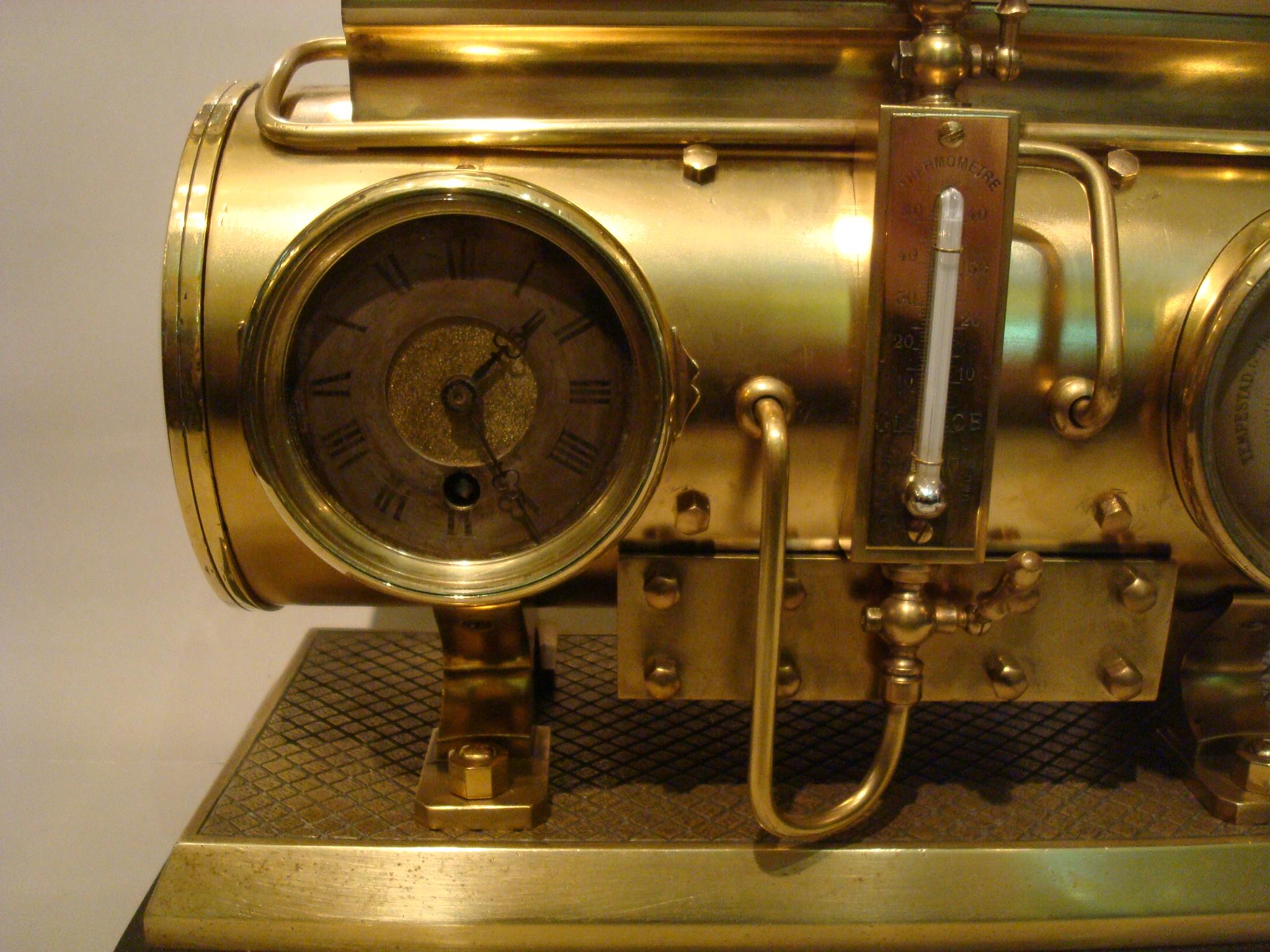 French Industrial Brass Clock, Barometer Station Animated Steam Boiler 1