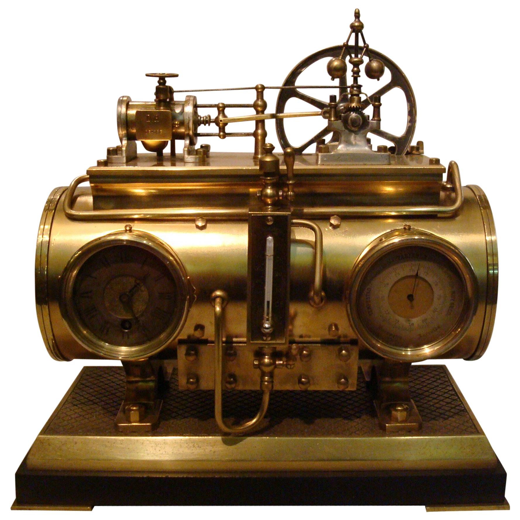 French Industrial Brass Clock, Barometer Station Animated Steam Boiler