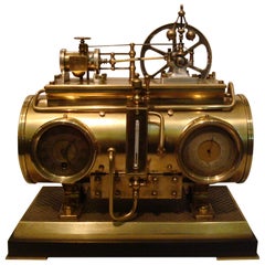 French Industrial Brass Clock, Barometer Station Animated Steam Boiler