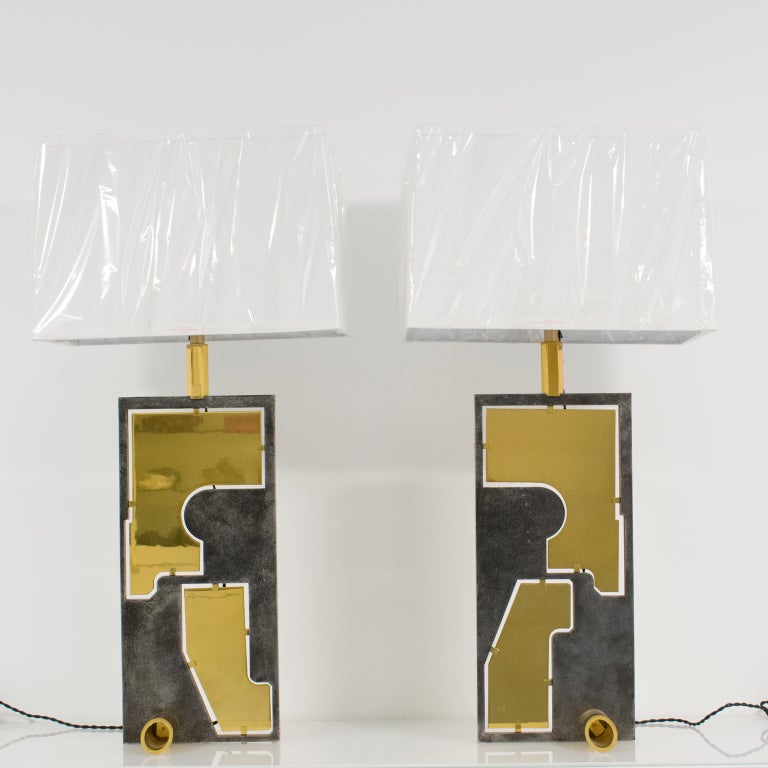 French Industrial Brutalist Brass and Steel Table Lamp, a pair For Sale