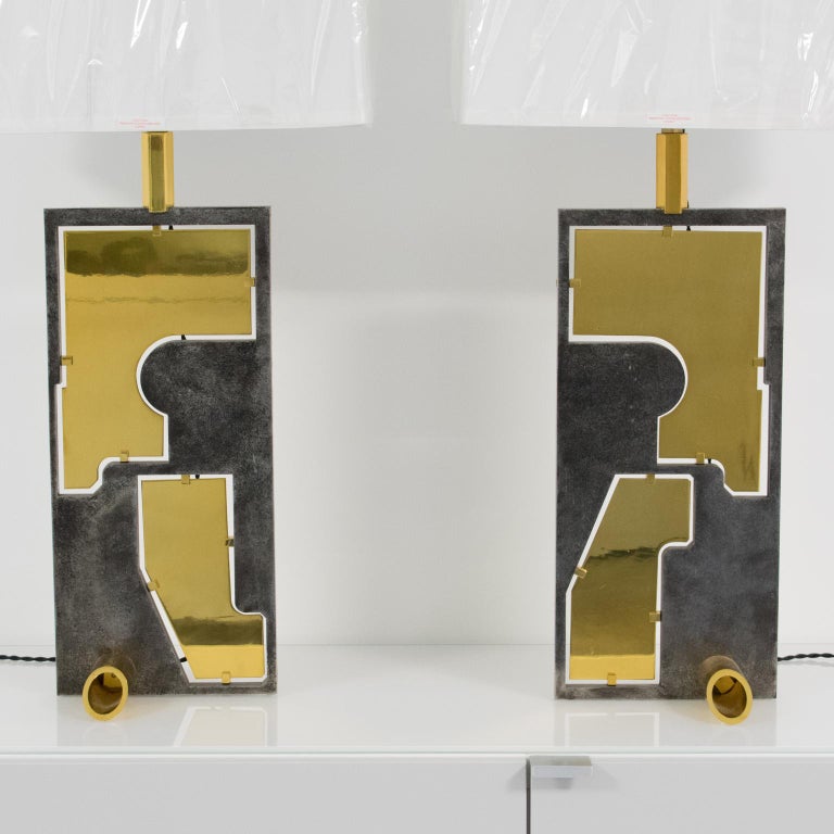 French Industrial Brutalist Brass and Steel Table Lamp, a pair For Sale