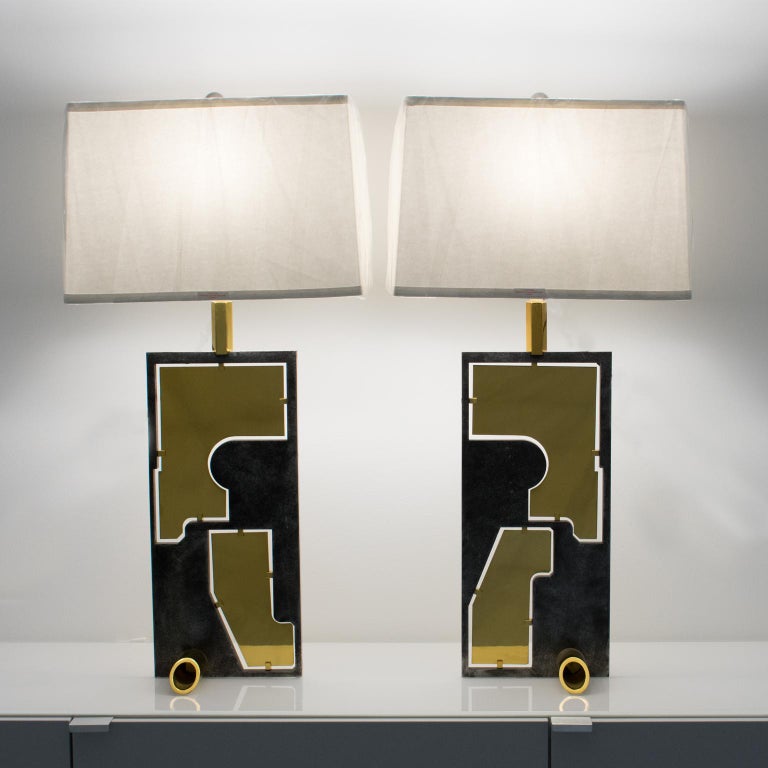 French Industrial Brutalist Brass and Steel Table Lamp, a pair For Sale