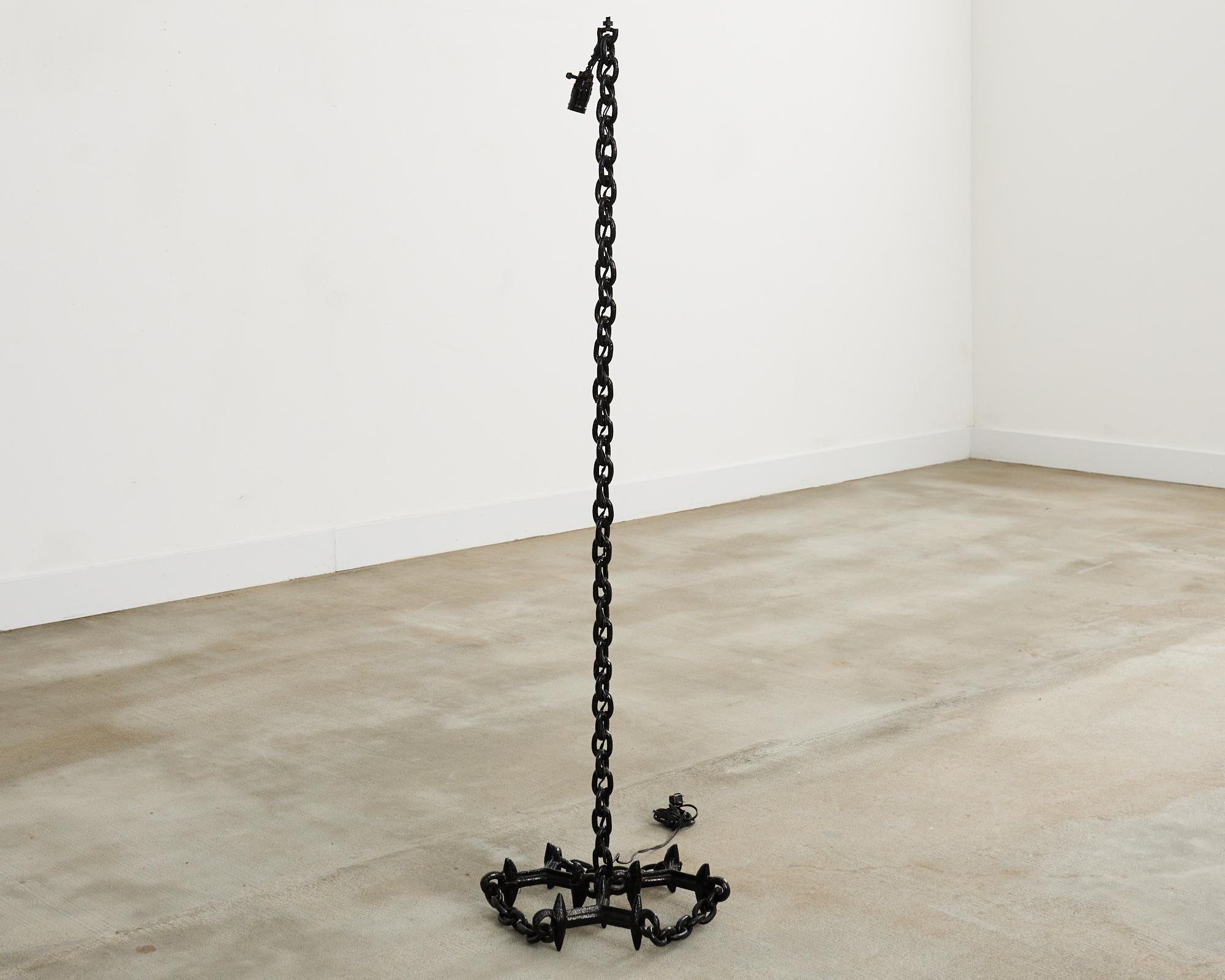 Patinated French Industrial Brutalist Iron Chain Link Floor Lamp For Sale