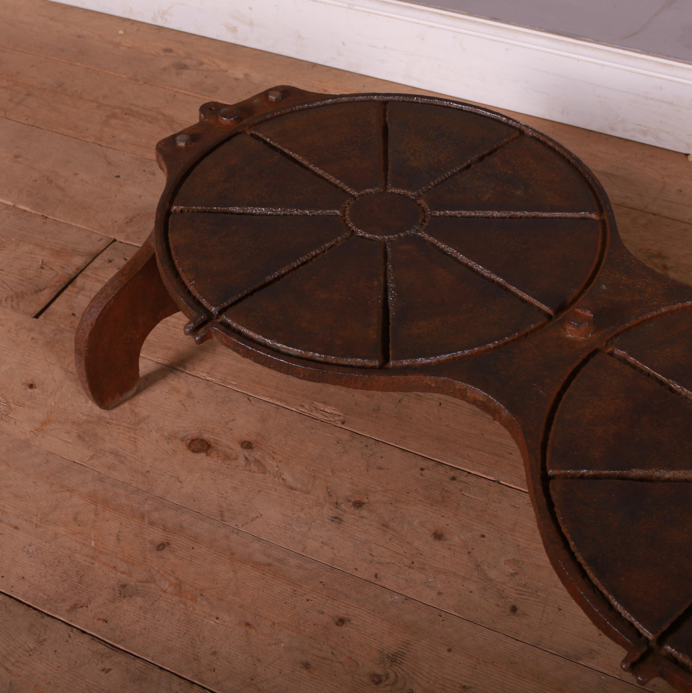 Unusual French industrial coffee table with a burnished old finish. This piece comes from the Saut-du-Tarn, a steel factory located in the town of Albi, Southern France. 1890.

Dimensions
52 inches (132 cms) wide
23.5 inches (60 cms) deep
15