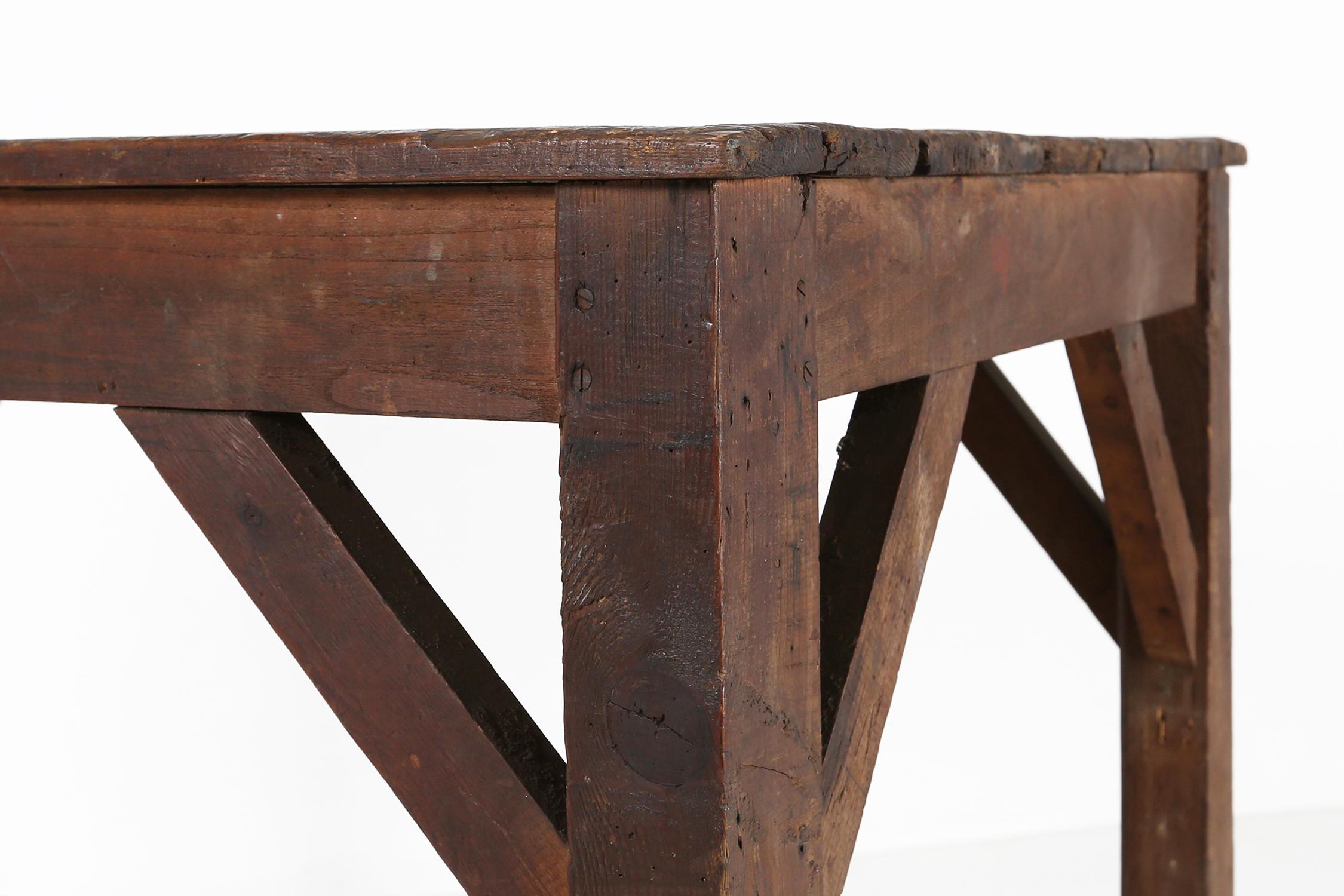 Table console industrielle française en bois massif, années 1920 en vente 6