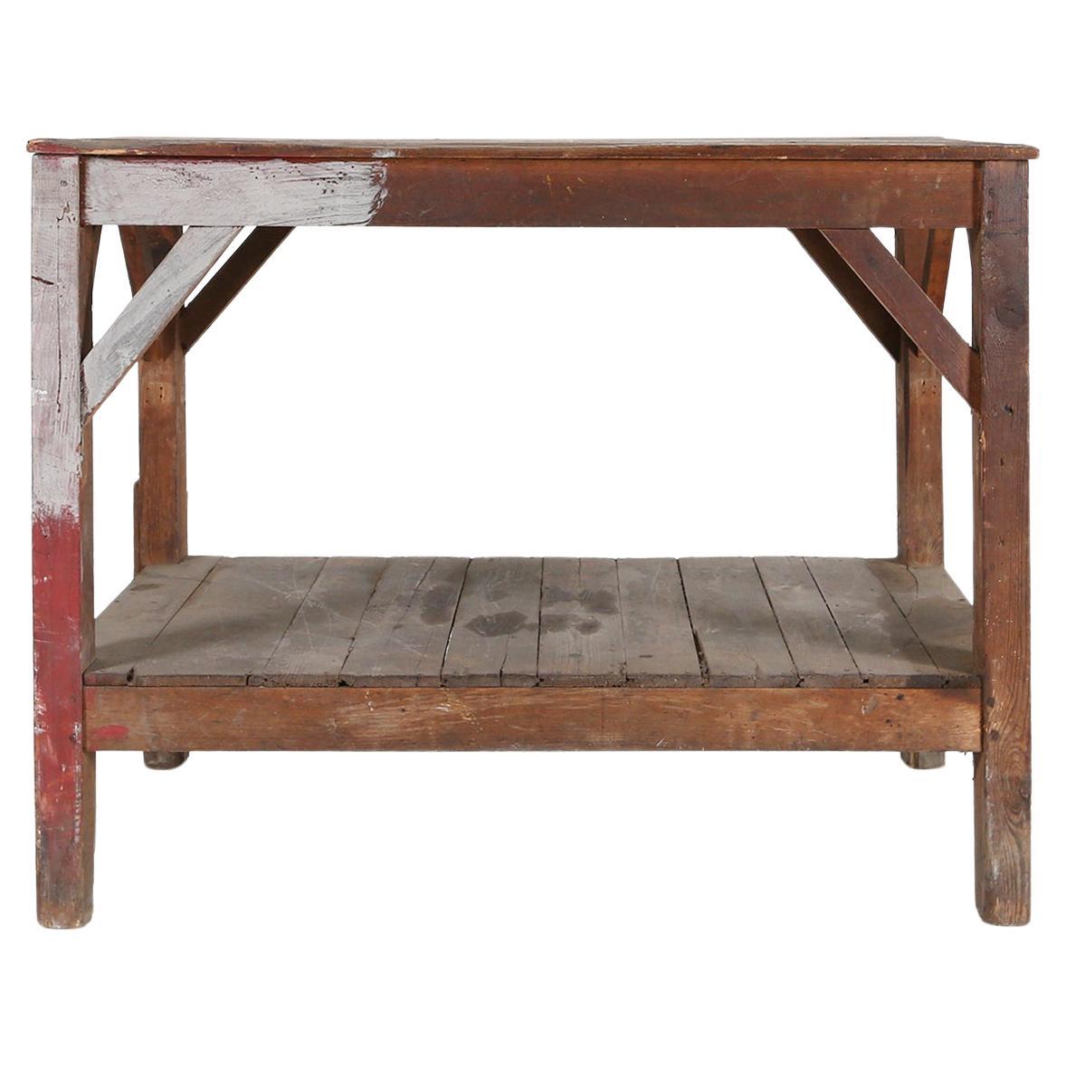 French industrial console table in solid wood, 1920s