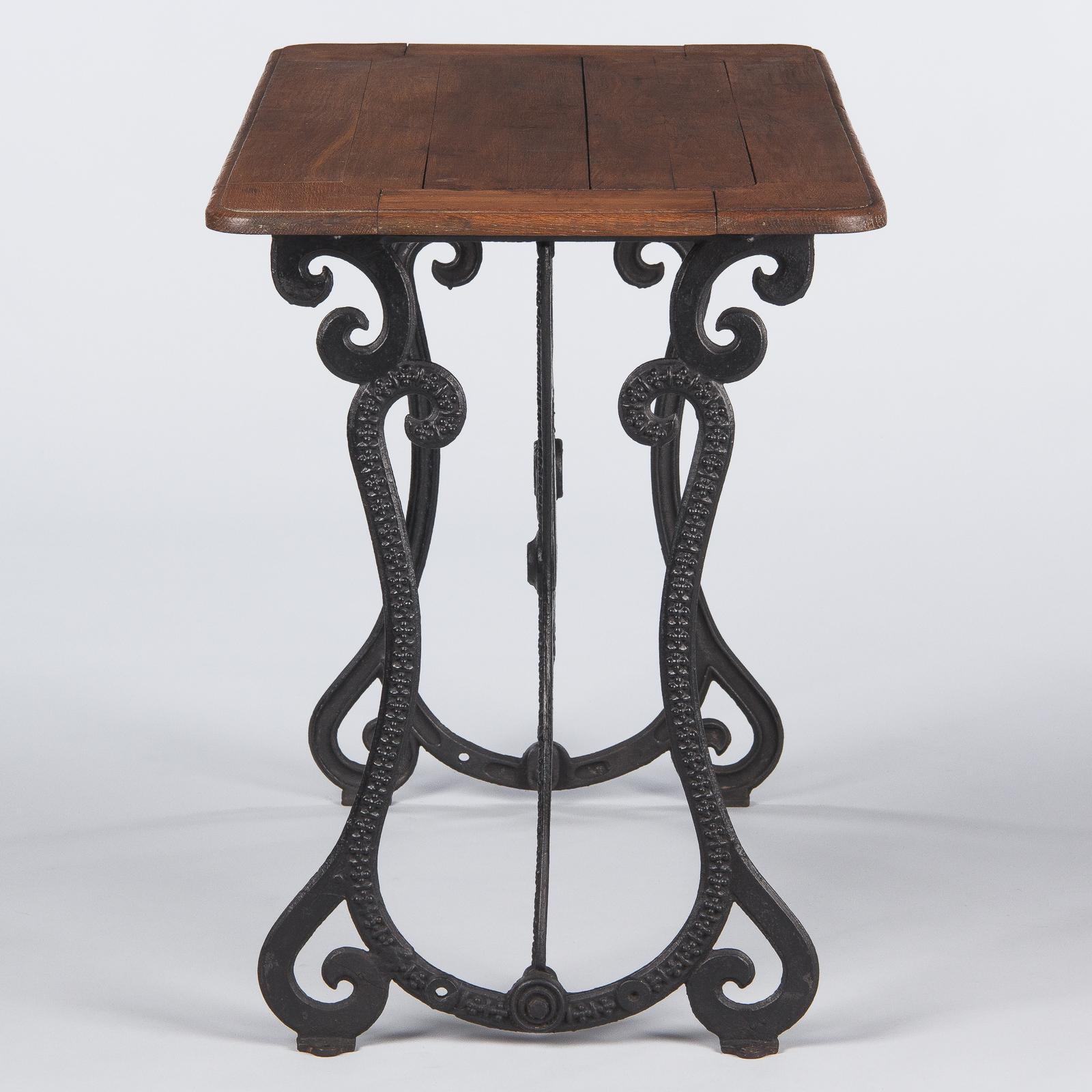 French Industrial Console Table with Iron Base and Oak Top, Early 1900s 6