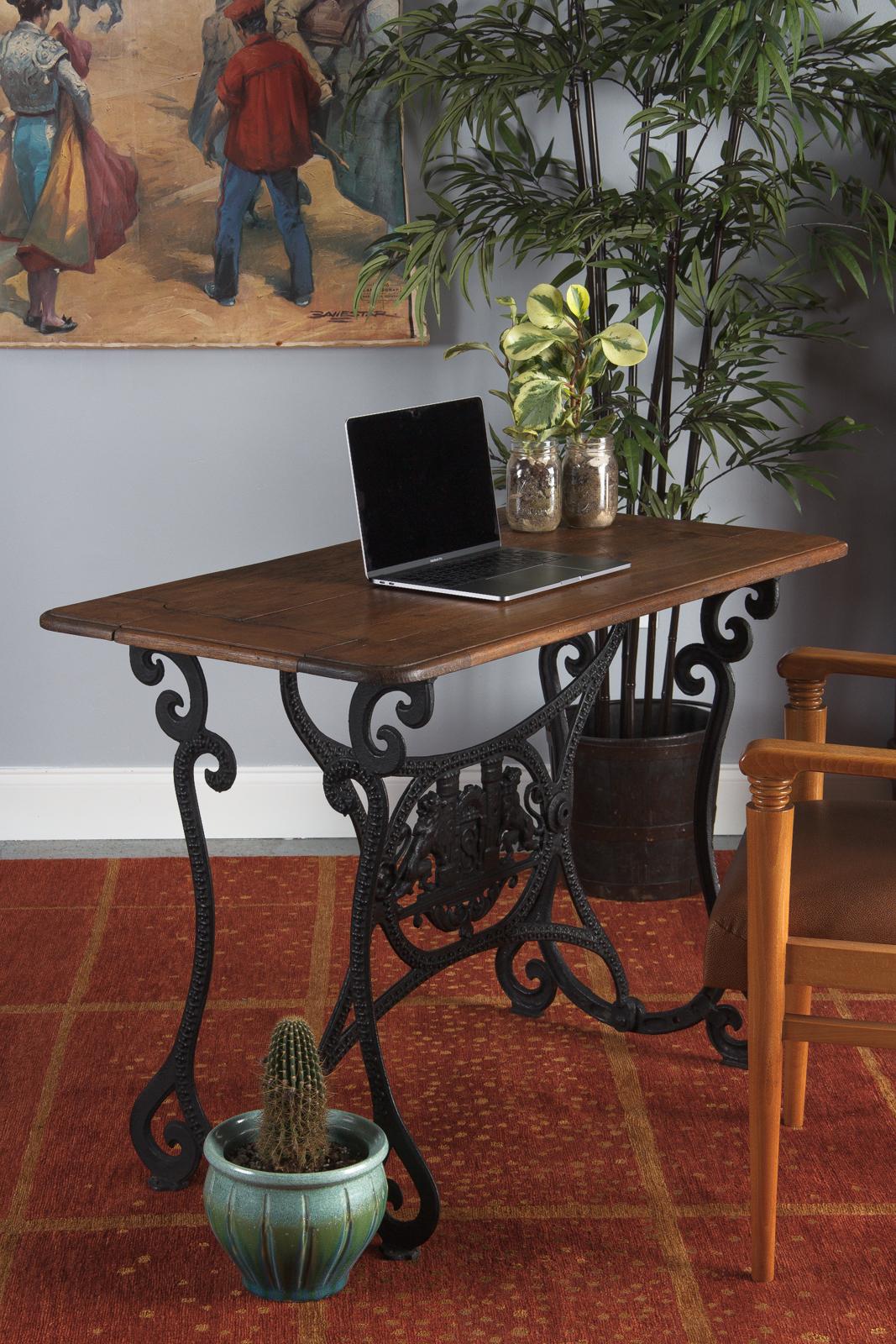 French Industrial Console Table with Iron Base and Oak Top, Early 1900s 9