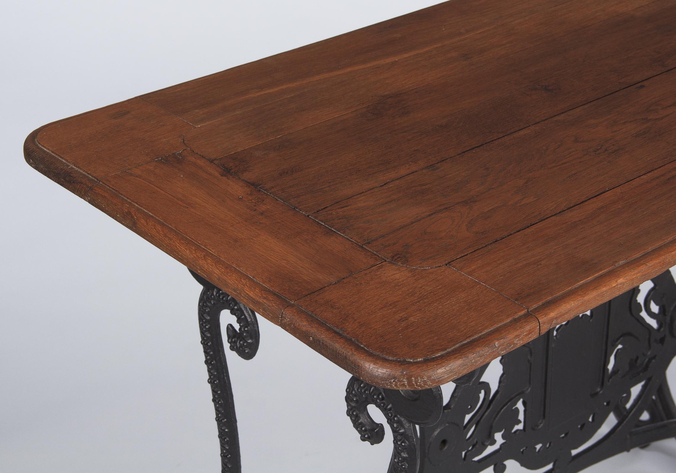 French Industrial Console Table with Iron Base and Oak Top, Early 1900s 11