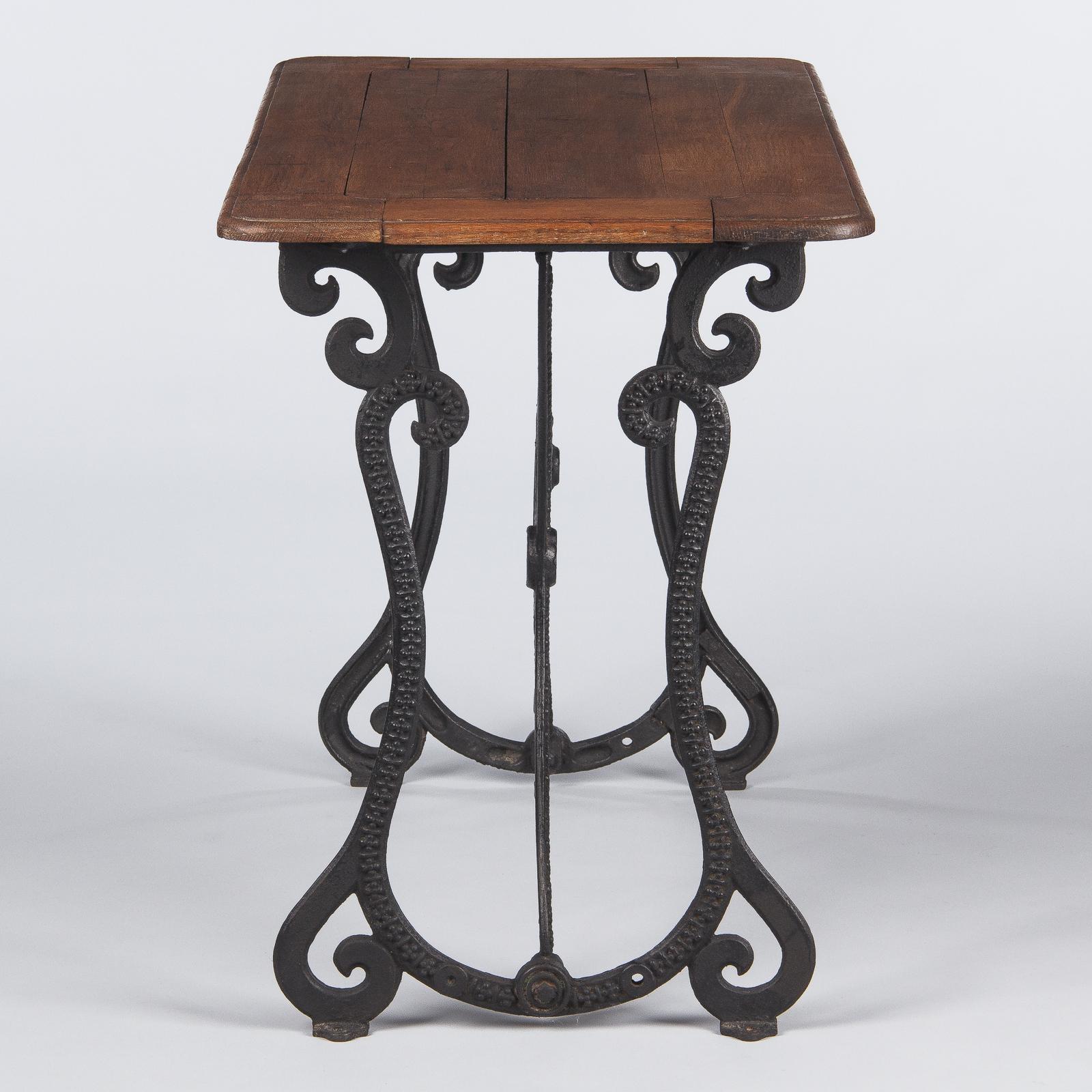 French Industrial Console Table with Iron Base and Oak Top, Early 1900s 13