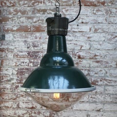 French Industrial Green Cast Iron and Clear Domed Glass Pendant Lamps by Sammode