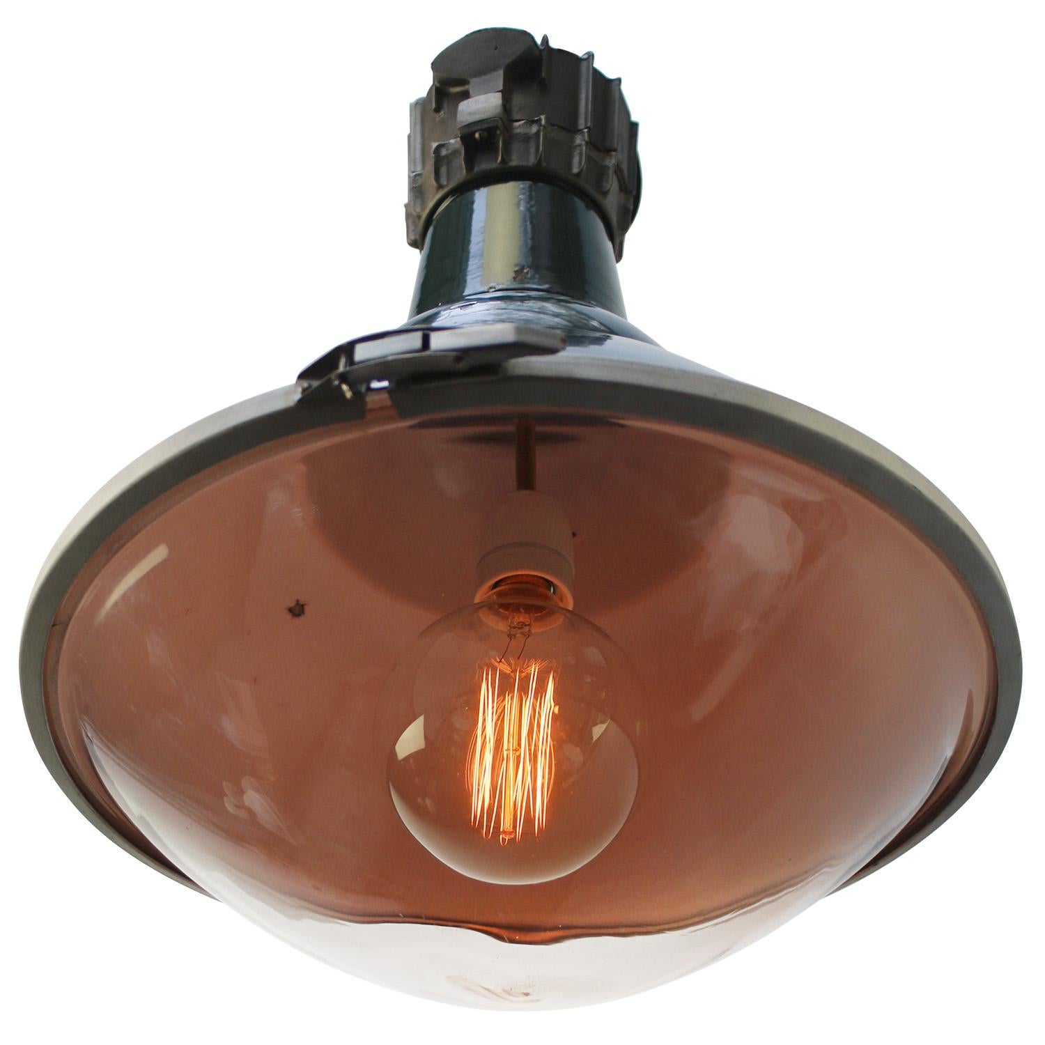 Französische industrielle Hängelampen aus grünem Gusseisen und klarem gewölbtem Glas von Sammode, Industrie (Industriell)