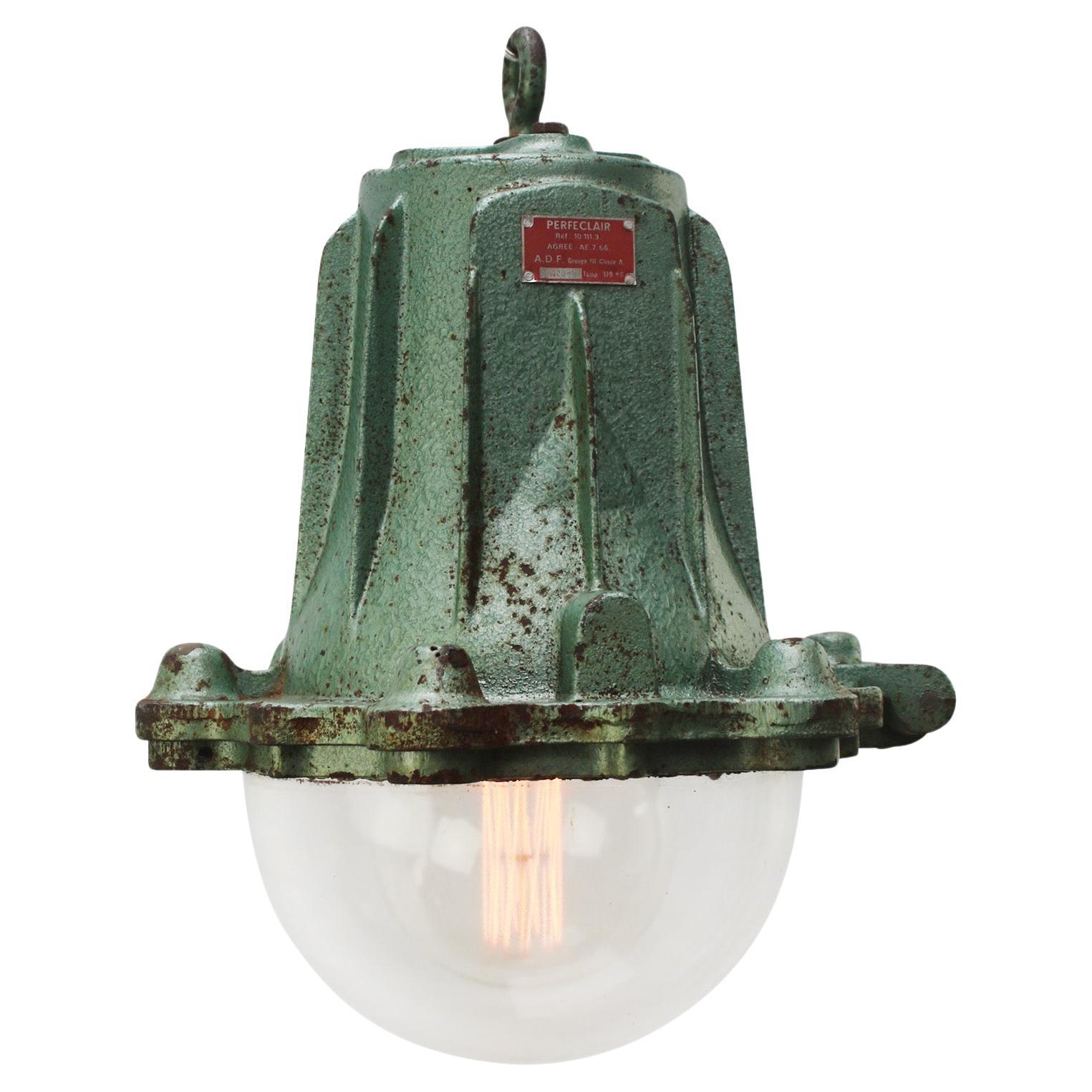 French Green Iron Clear Glass Pendant Lamps by Perfeclair, Paris For Sale