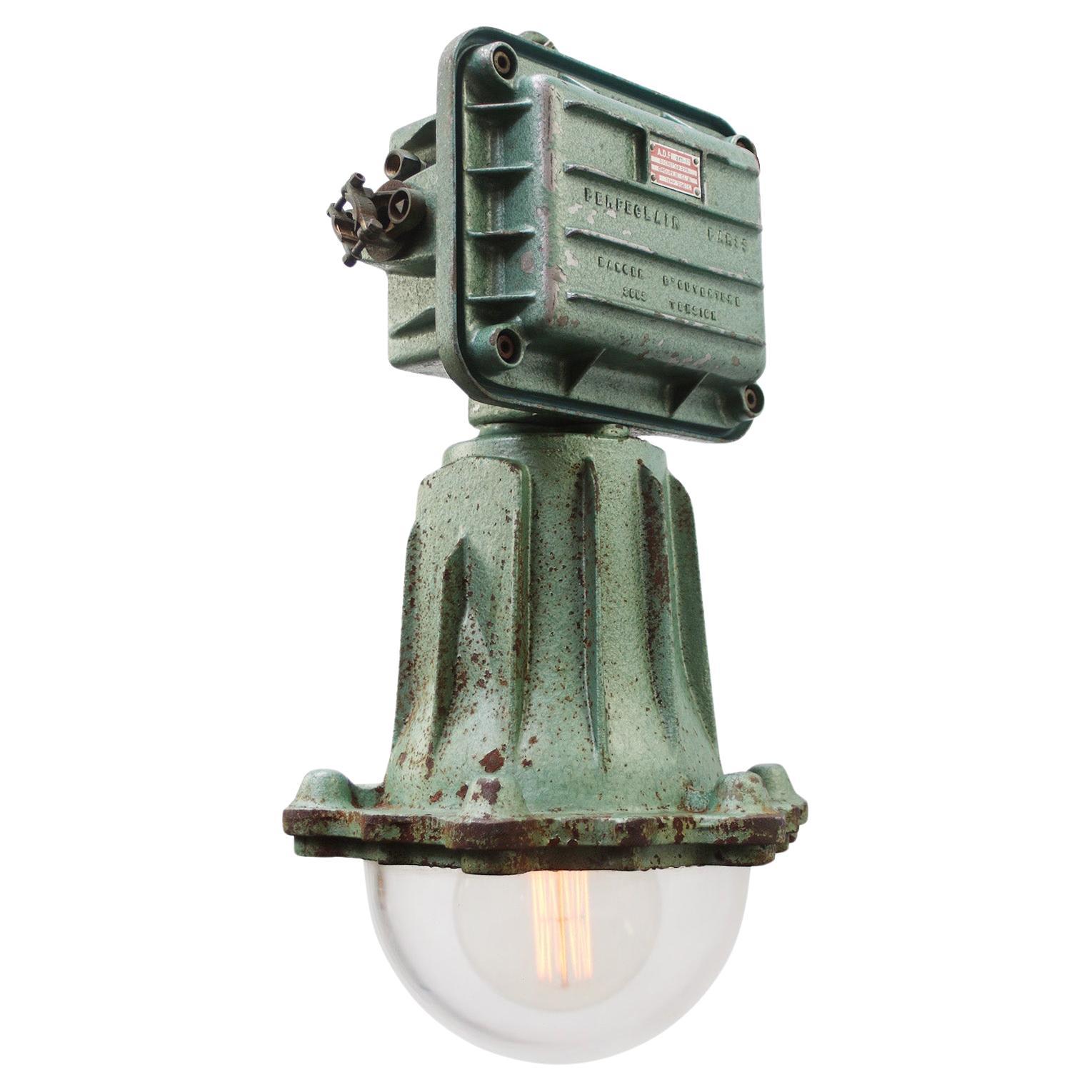 French Green Iron Clear Glass Pendant Lights by Perfeclair, Paris For Sale
