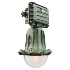 Vintage French Industrial Green Cast Iron Clear Glass Pendant Lamps by Perfeclair, Paris