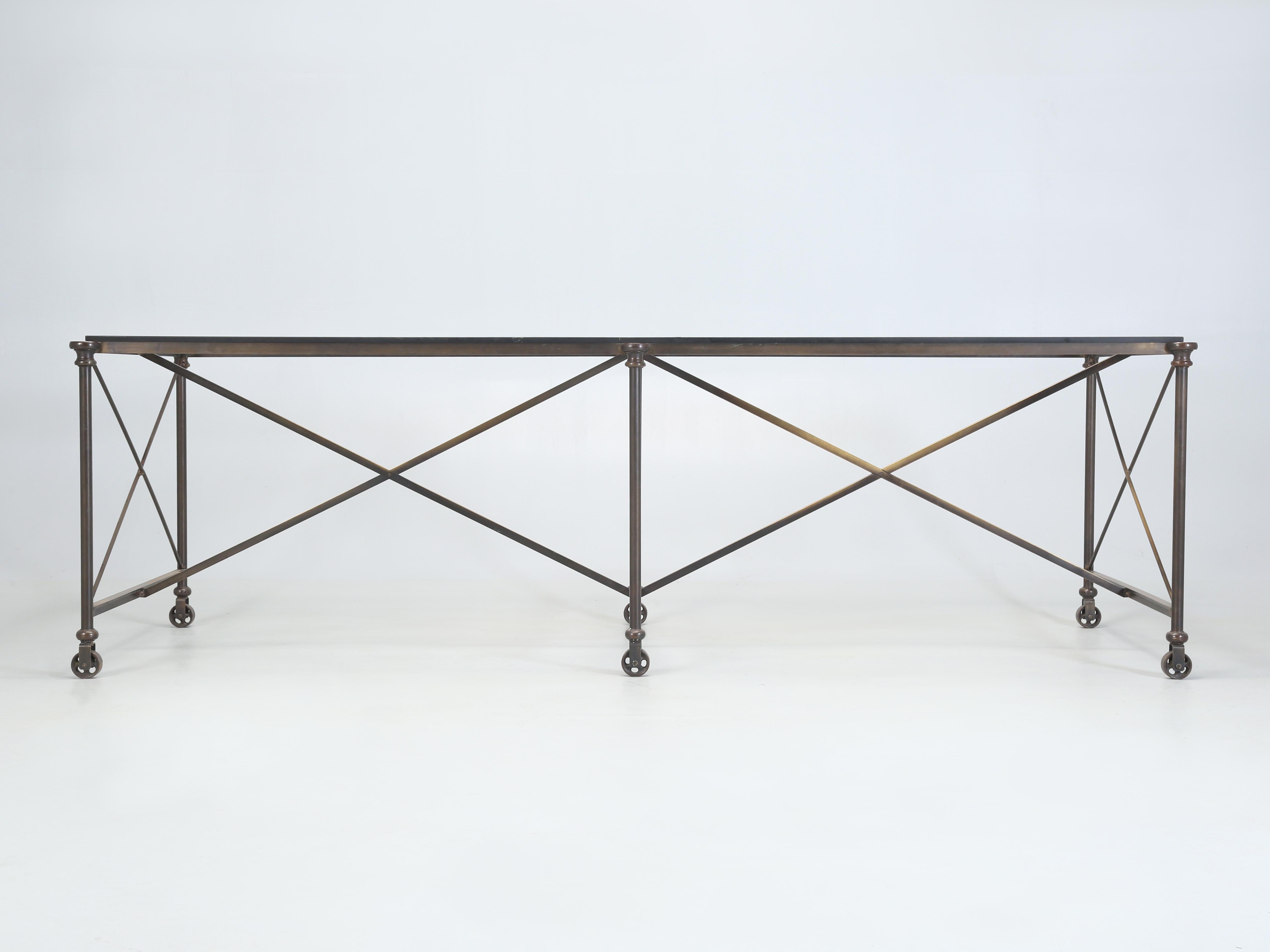 Custom made by the Old Plank Collection of French Inspired Kitchen Islands and Kitchen Tables is this Solid Bronze Industrial Style Kitchen Table Frame ready for the top of your choosing. This particular Old Plank Bronze Table Frame has been a