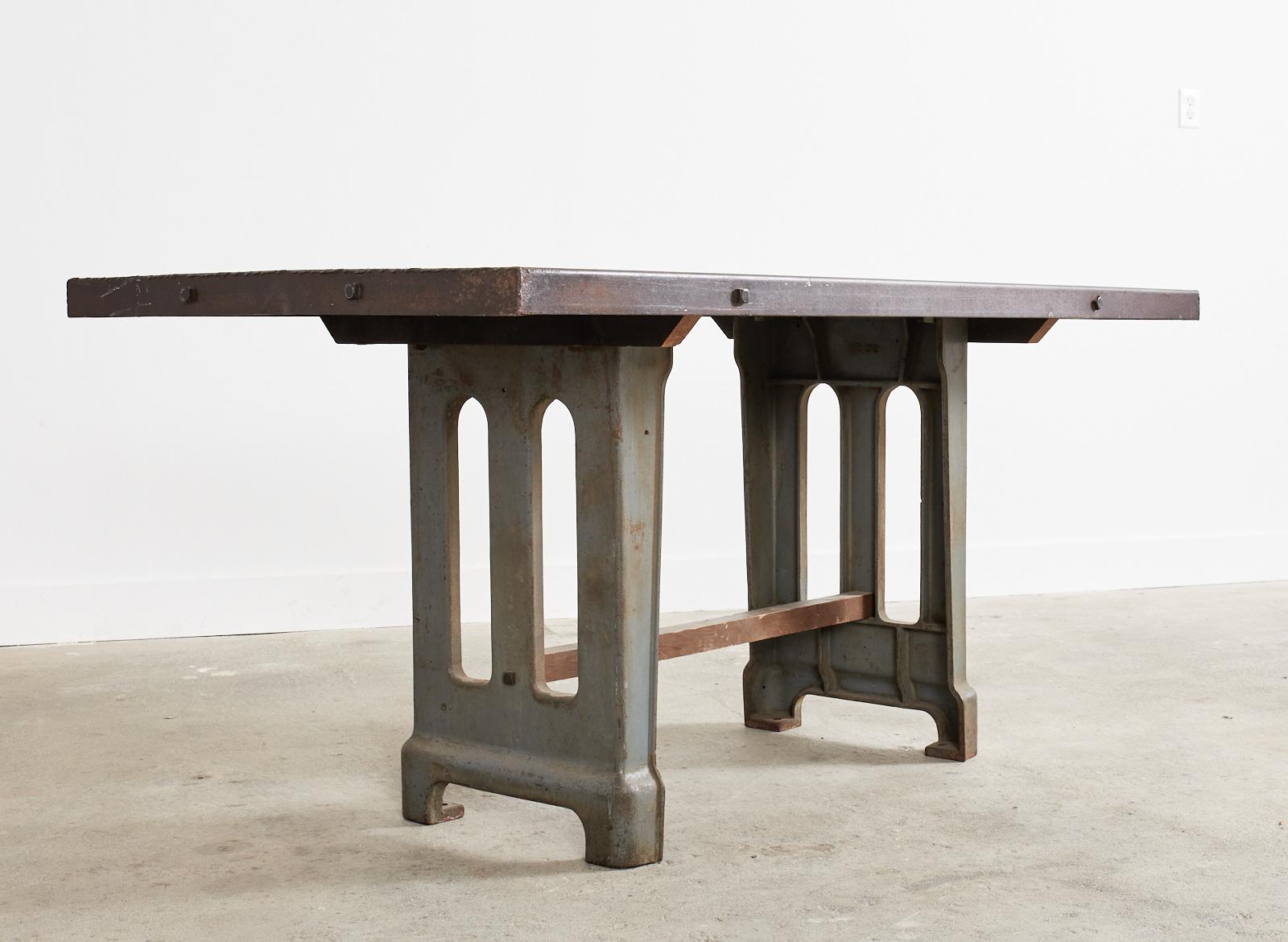 French Industrial Machinist Style Iron Trestle Library Table 12