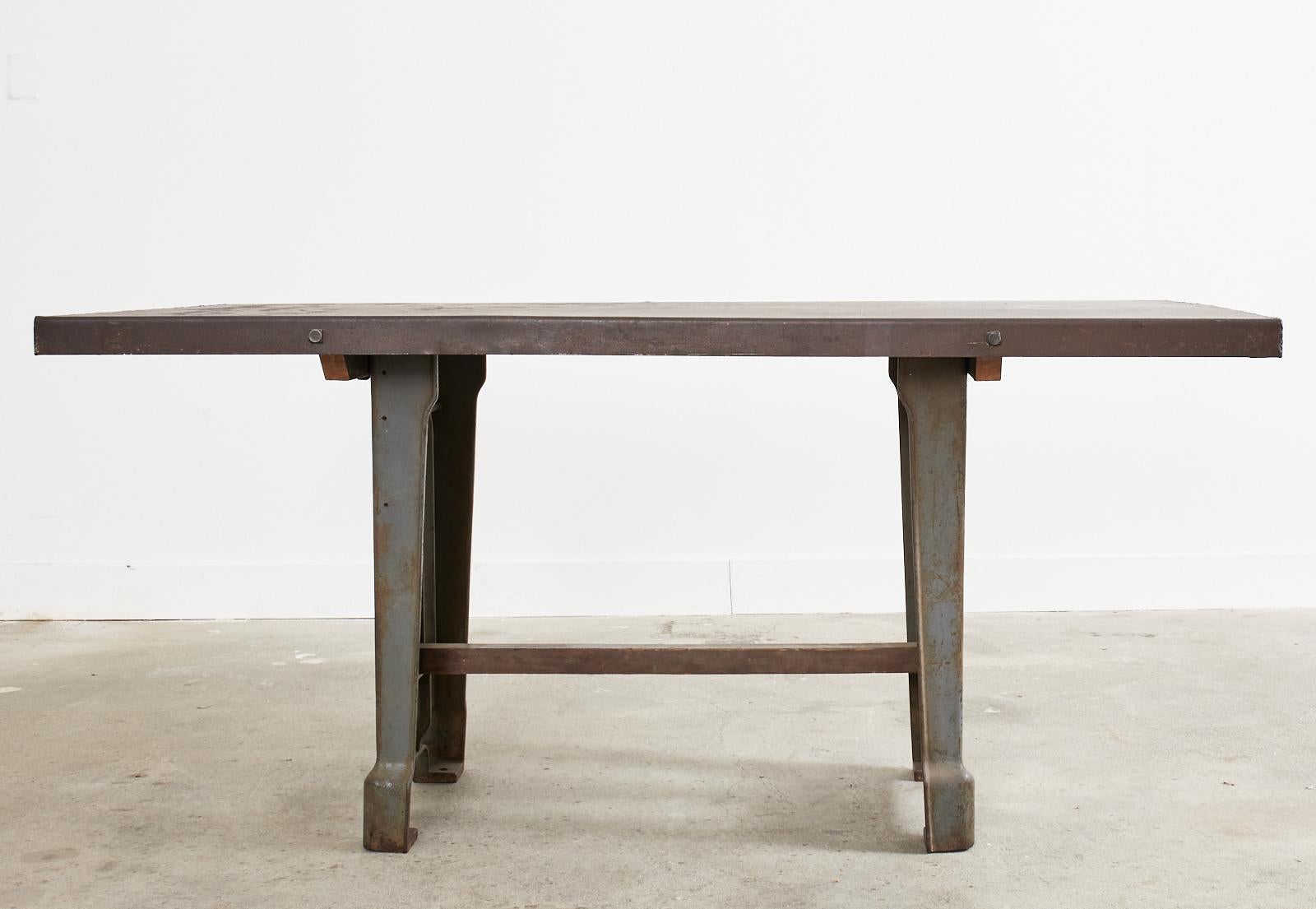 French Industrial Machinist Style Iron Trestle Library Table 14