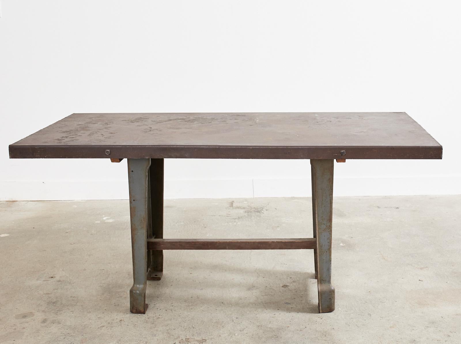 French Industrial Machinist Style Iron Trestle Library Table 15