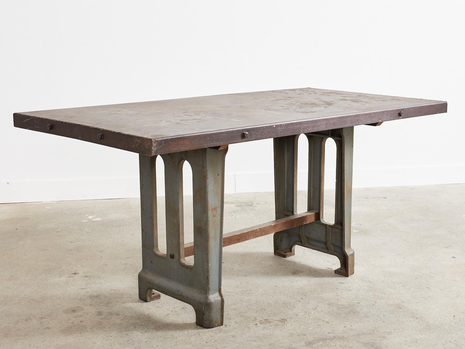 Hand-Crafted French Industrial Machinist Style Iron Trestle Library Table