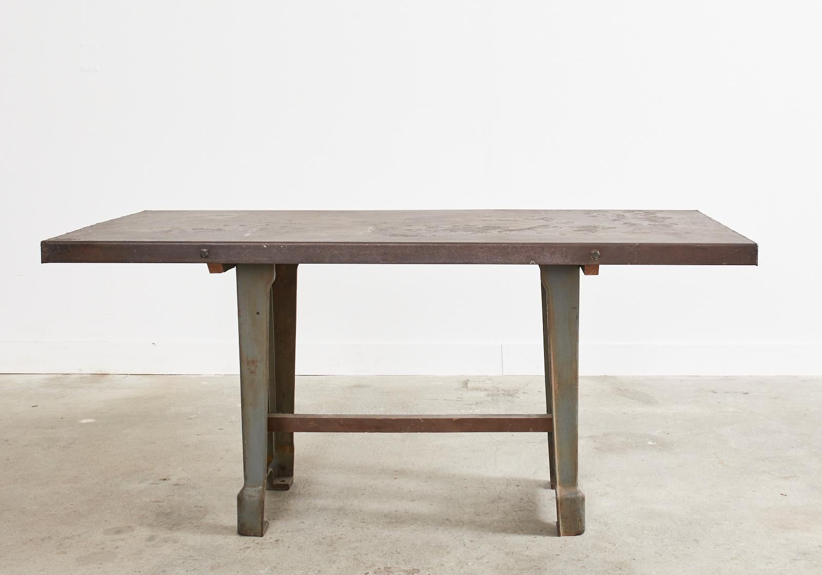 French Industrial Machinist Style Iron Trestle Library Table In Distressed Condition In Rio Vista, CA