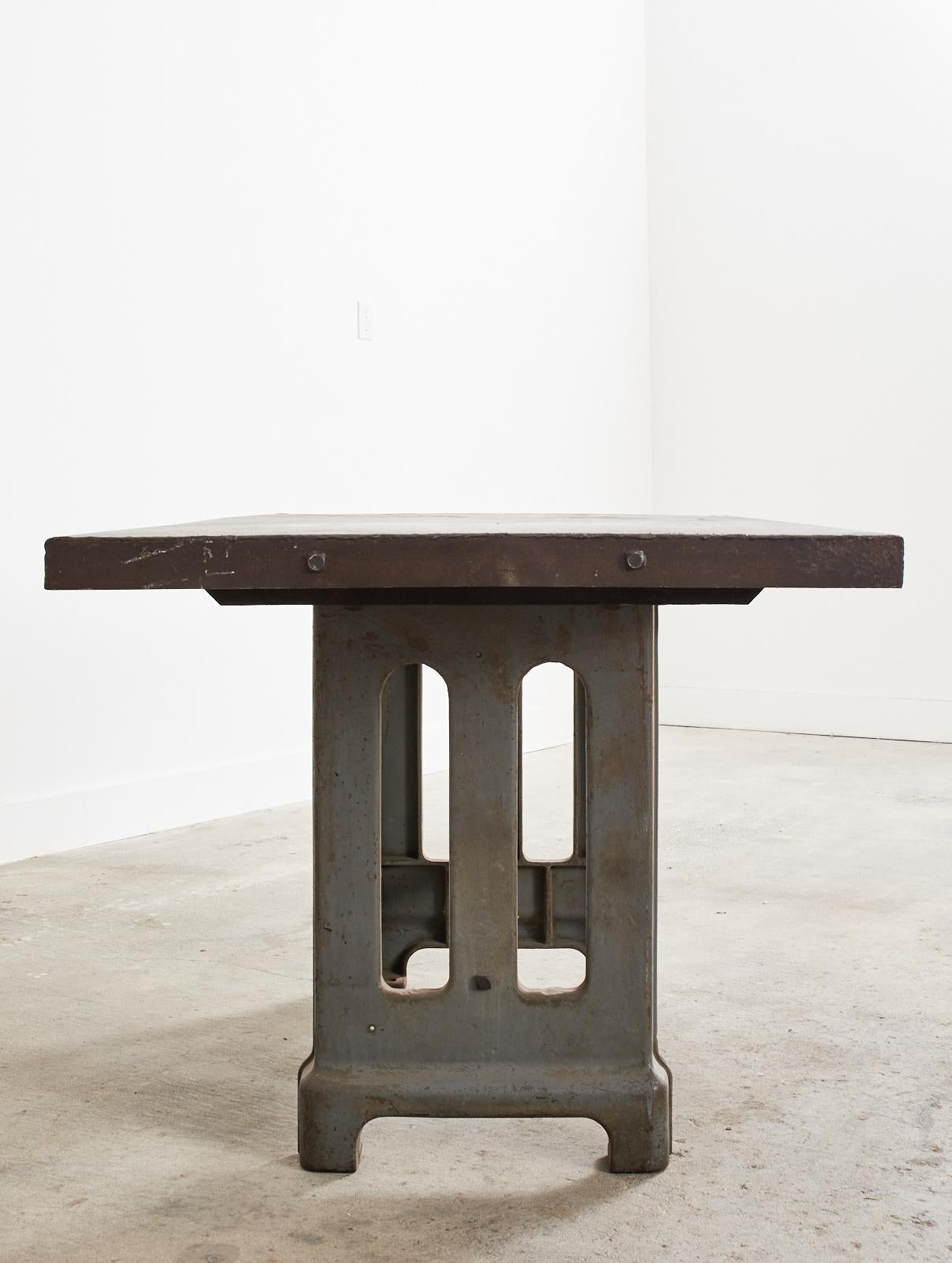 French Industrial Machinist Style Iron Trestle Library Table 3