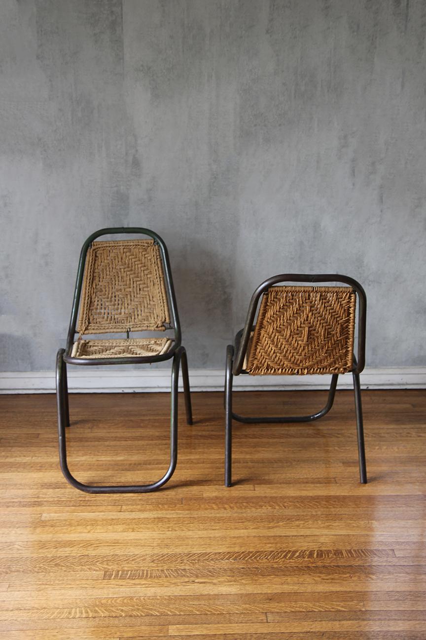 Hand-Woven Pair Of French Industrial Chairs in Rope and Metal, 1950s For Sale